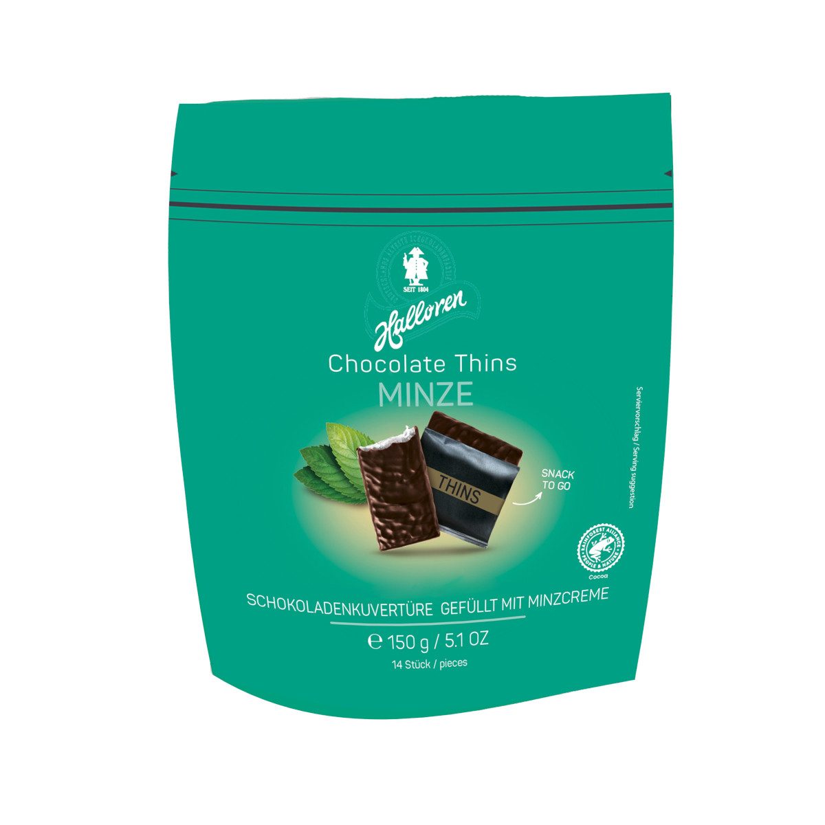 Halloren Schokolade, Halloren Chocolate Thins Mint mit Pfefferminzcreme Packung 150g