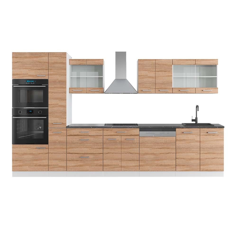 Vicco Küchenzeile R-Line, Sonoma/Weiß, 350 cm mit Hochschrank, AP Anthrazit