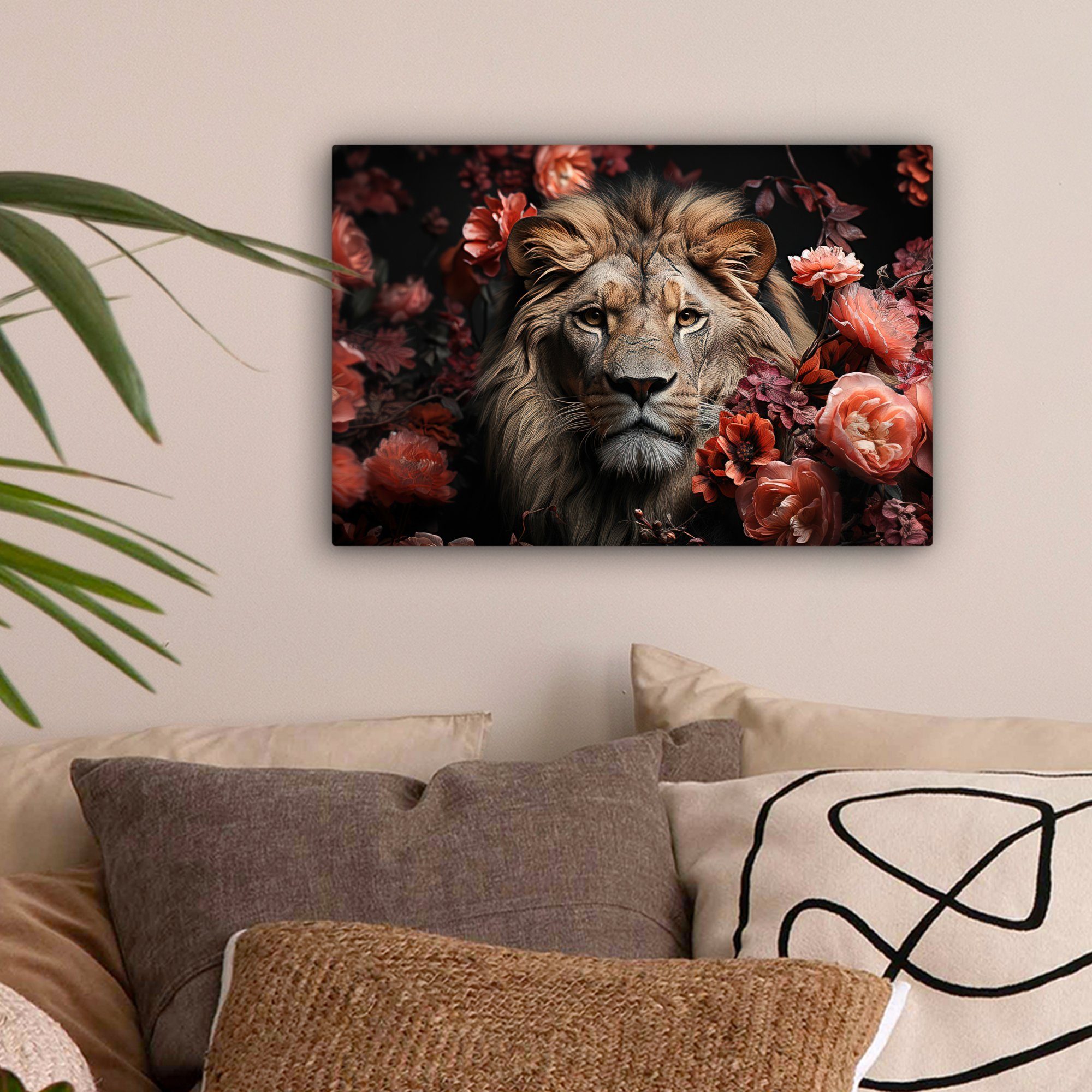 OneMillionCanvasses® Leinwandbild Löwe - Tier - Natur - Botanisch - Blumen günstig online kaufen