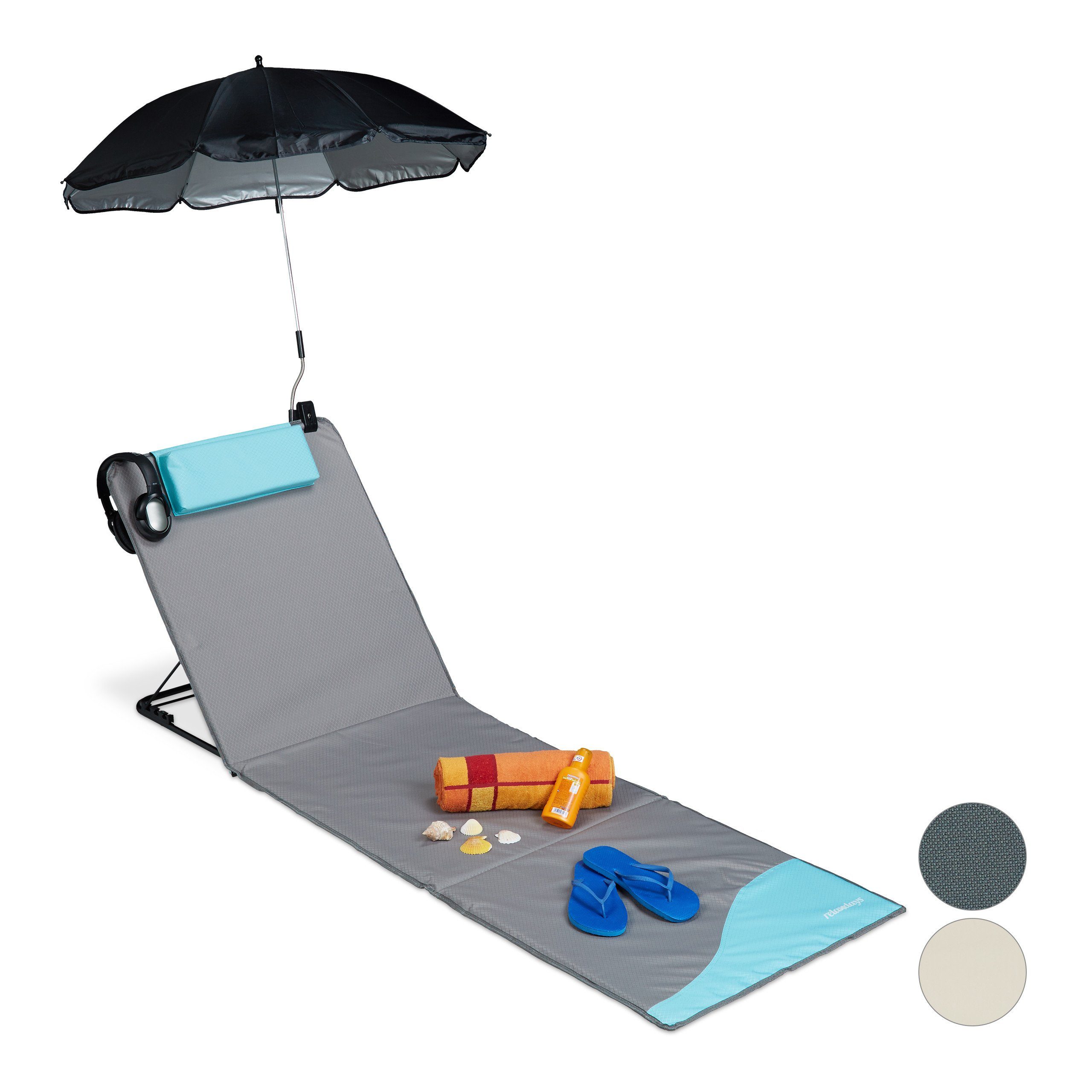 relaxdays Strandtücher Strandmatte mit Sonnenschirm, Grau