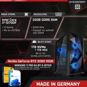 SYSTEMTREFF Gaming-PC-Komplettsystem (27", Intel Core i7 12700F, GeForce RTX 3080, 32 GB RAM, 1000 GB HDD, 1000 GB SSD, Windows 11, WLAN)