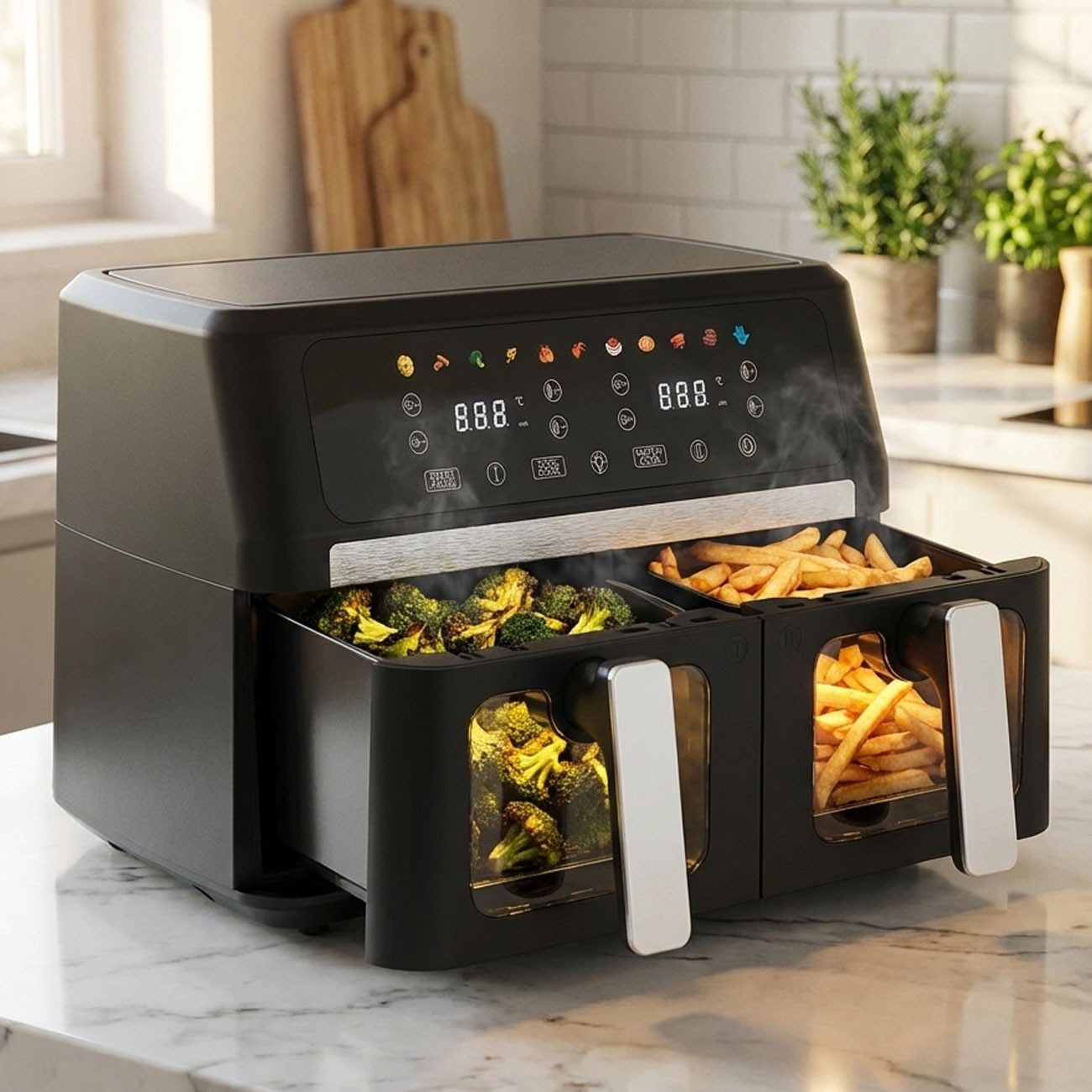 Casativo Heißluftfritteuse 9L Dual Zone Air Fryer – 2x 4,5L Körbe mit Sichtfenster, 2400 W, LED Touch Display – XXL Heissluft Fritteuse
