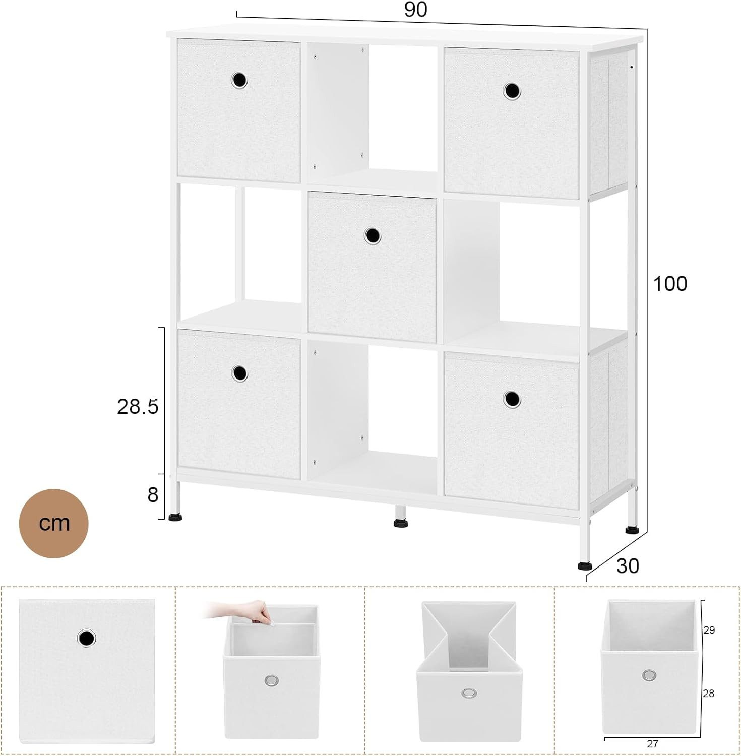 Woltu Bücherregal, mit 4 offenen Fächern, 5 Vliesstoff-Schubladen, Standregal 90x30x100cm