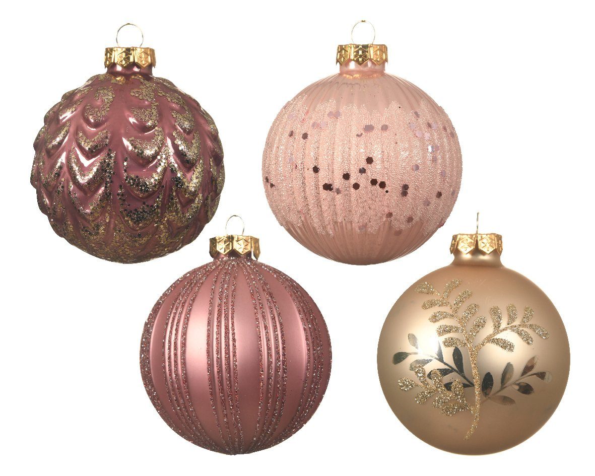 Decoris season decorations Weihnachtsbaumkugel, rosa Weihnachtskugeln 8cm Set Muster / mit 12er beige / Glas Streifen