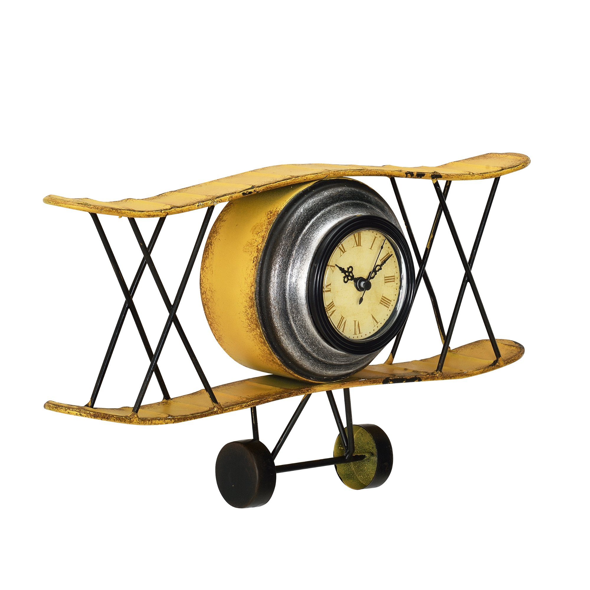 en.casa Wanduhr (»Doppeldecker Flugzeug« Design-Uhr aus Metall 38x7x21,5cm  Mehrfarbig)