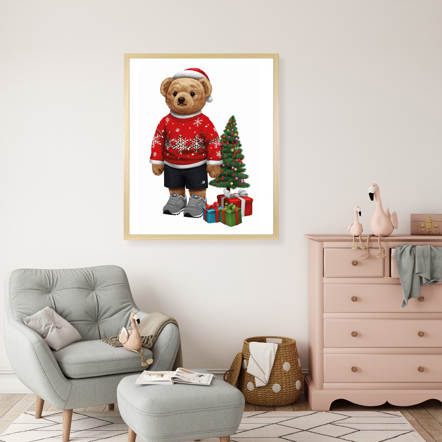 queence Bild mit Rahmen Teddy Bär mit Weihnachtsmütze und Geschenken, Bär, Bären, Fashion, Figuren, Mode, Modebilder, HD Premium Poster-Druck inkl. Echtholzrahmen in beige