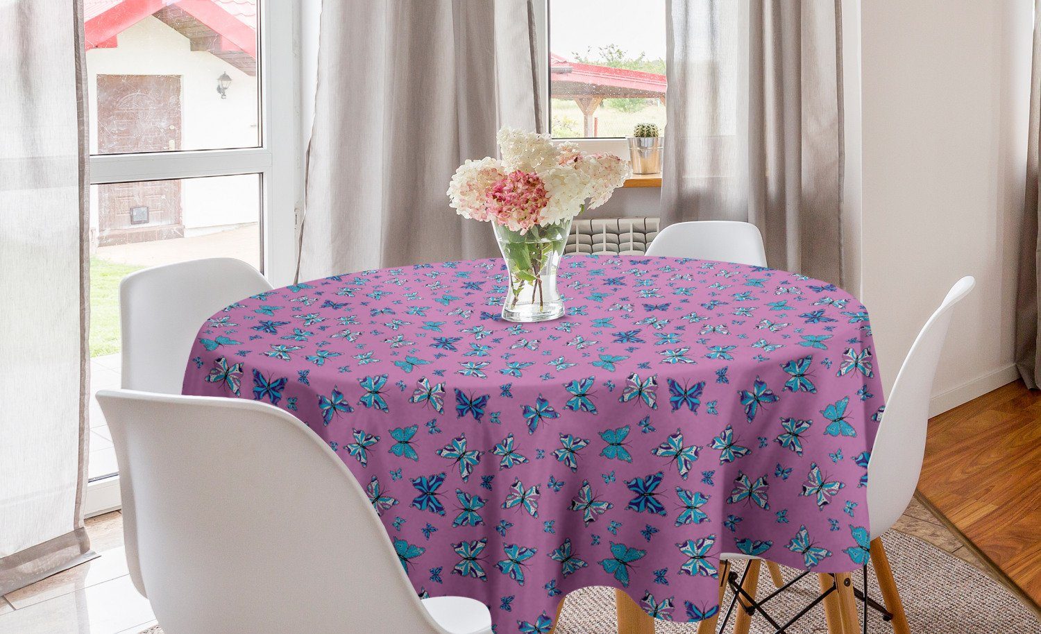 Abakuhaus Tischdecke Kreis Tischdecke Abdeckung für Esszimmer Küche Dekoration, Blau Und Pink Schmetterlinge