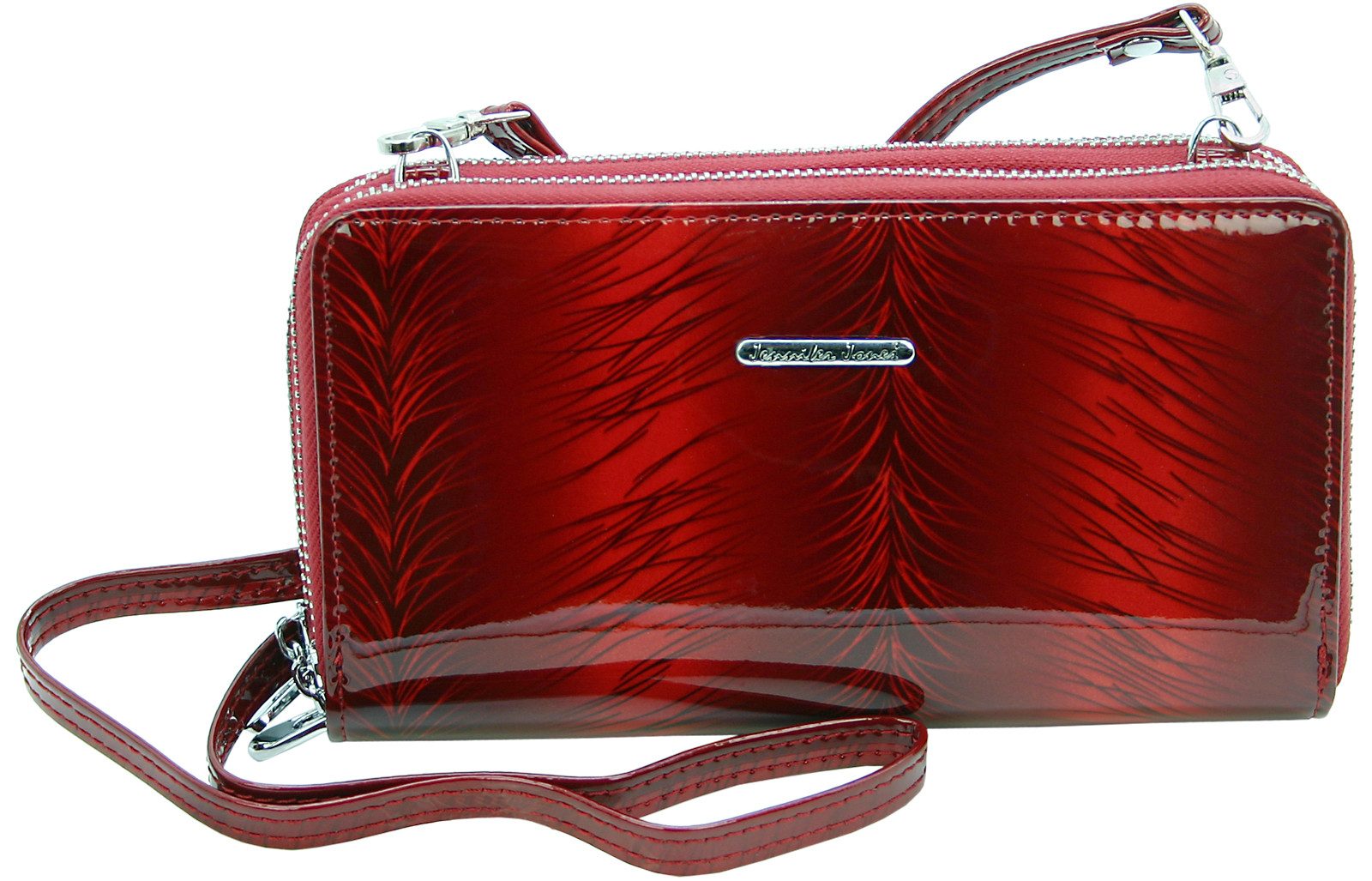 J JONES JENNIFER JONES Clutch Leder Geldbörse Schultertasche 2in1 elegant RFID-Schutz Gurt abnehmbar, Lackleder