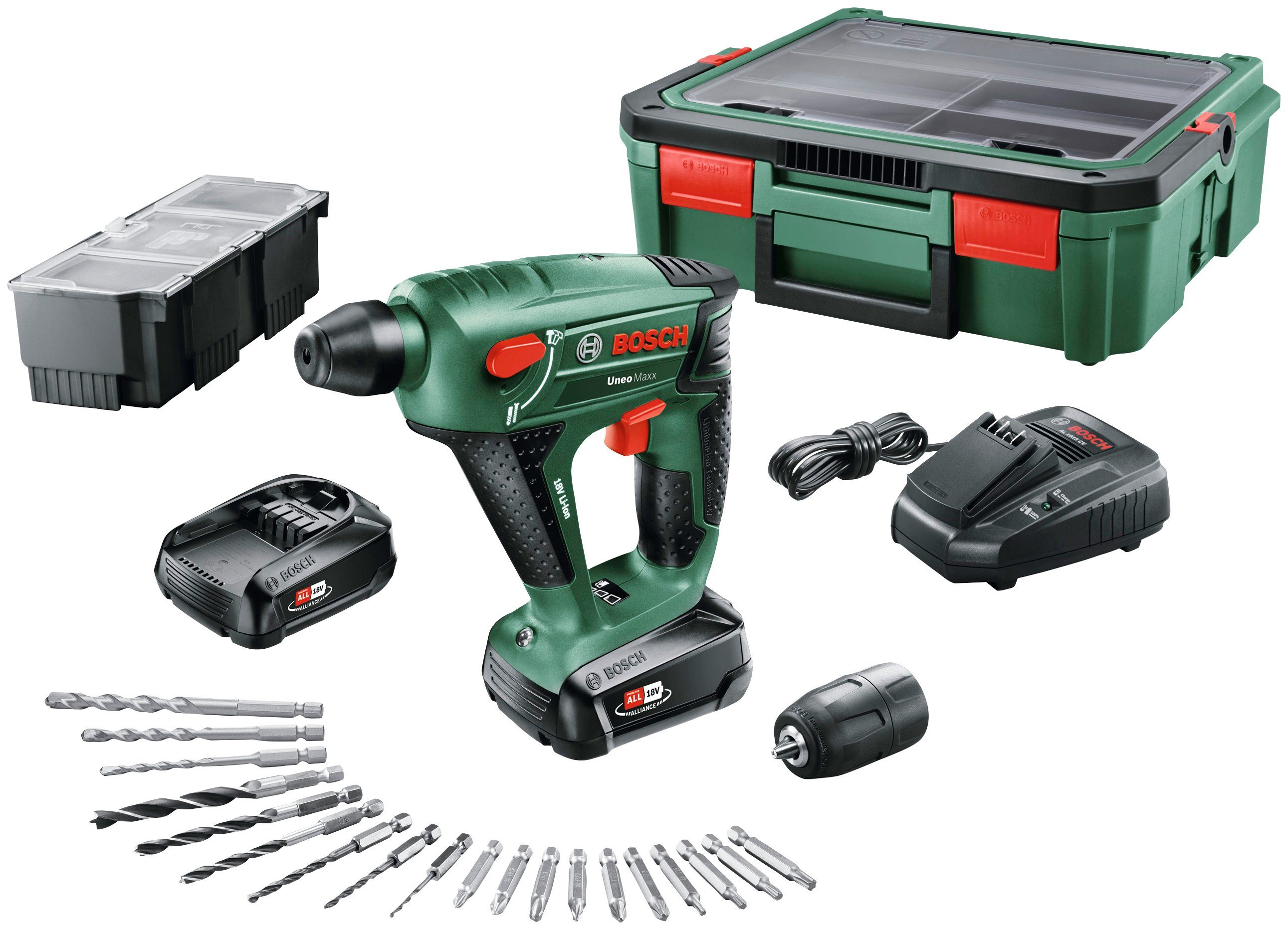 Bosch Akkus + Garden SystemBox, Ladegerät Home Uneo mit Akku-Bohrhammer Maxx & 2 und