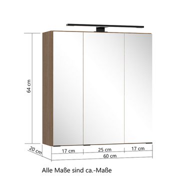 Lomadox Spiegelschrank SORRENT-03 60 cm breit in Eiche, 3 Türen, inkl. Aufbauleuchte