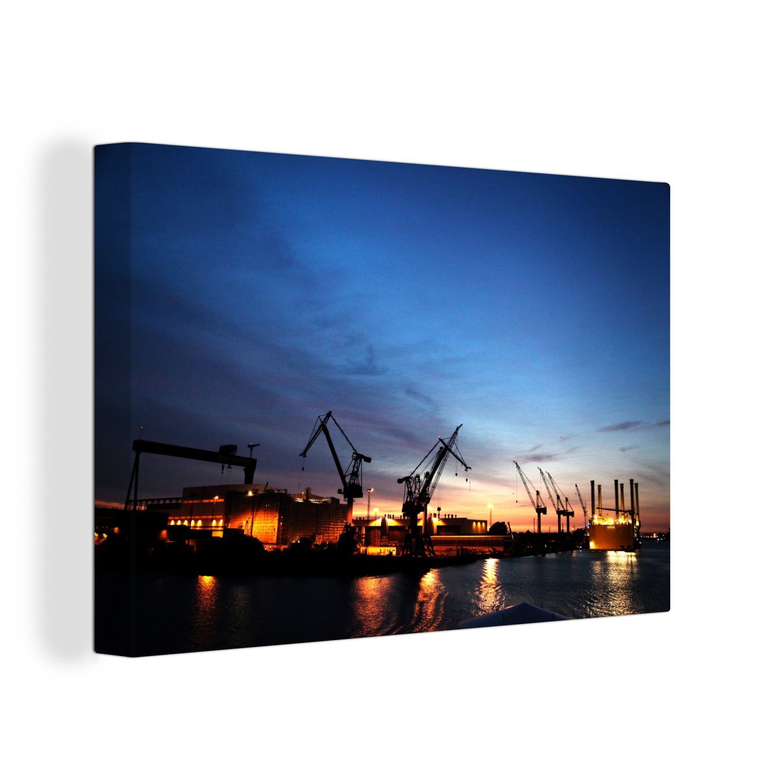 OneMillionCanvasses® Leinwandbild Kräne im Hafen der deutschen Stadt Rostock, (1 St), Wandbild Leinwandbilder, Aufhängefertig, Wanddeko, 30x20 cm