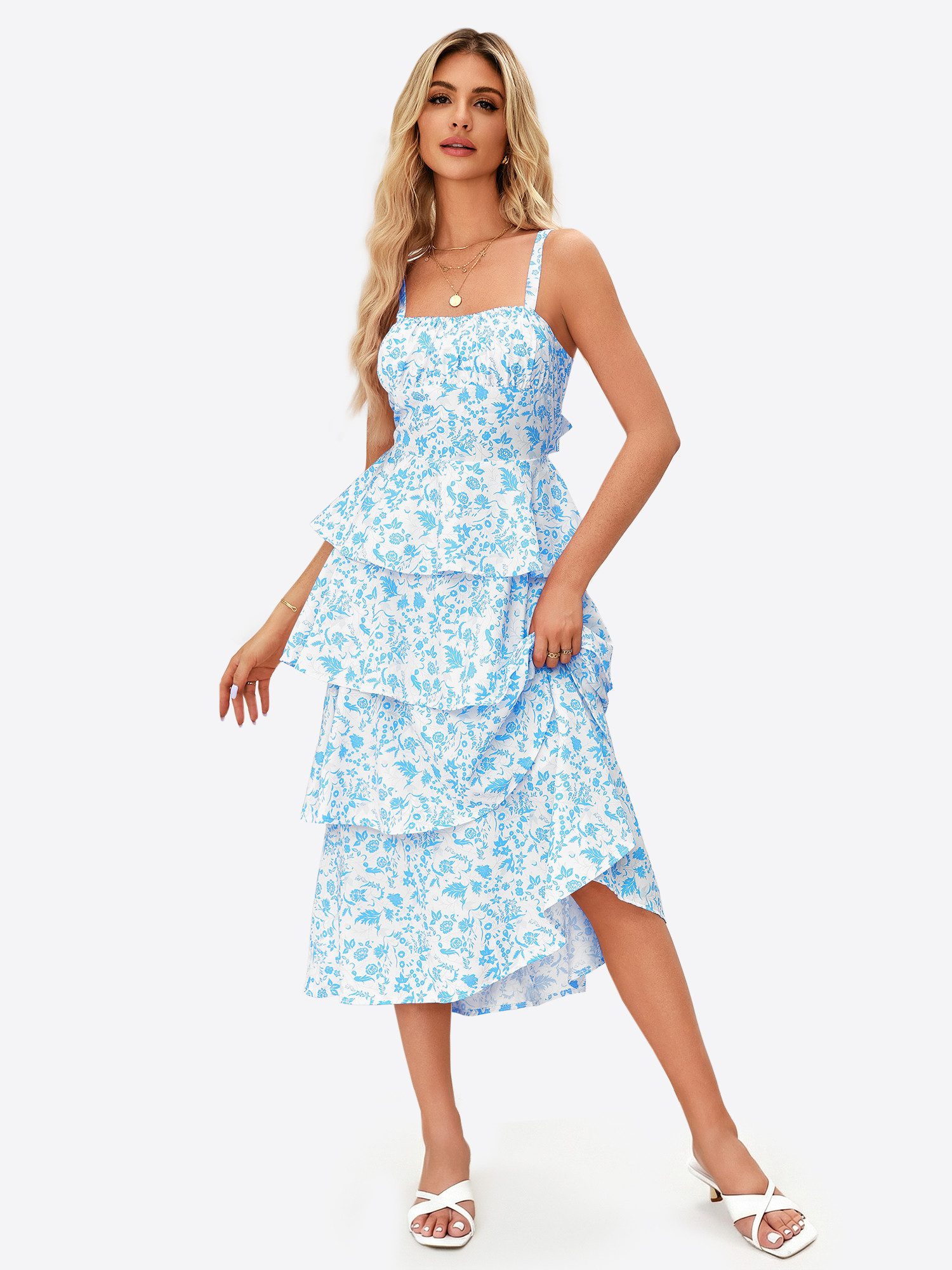 Imily Bela Maxikleid Damen Fließendes Mehrlagiges Kleid mit Rüschen (Packung, 1-tlg., 1per-Pack) Reißverschluss und Bänder hinten