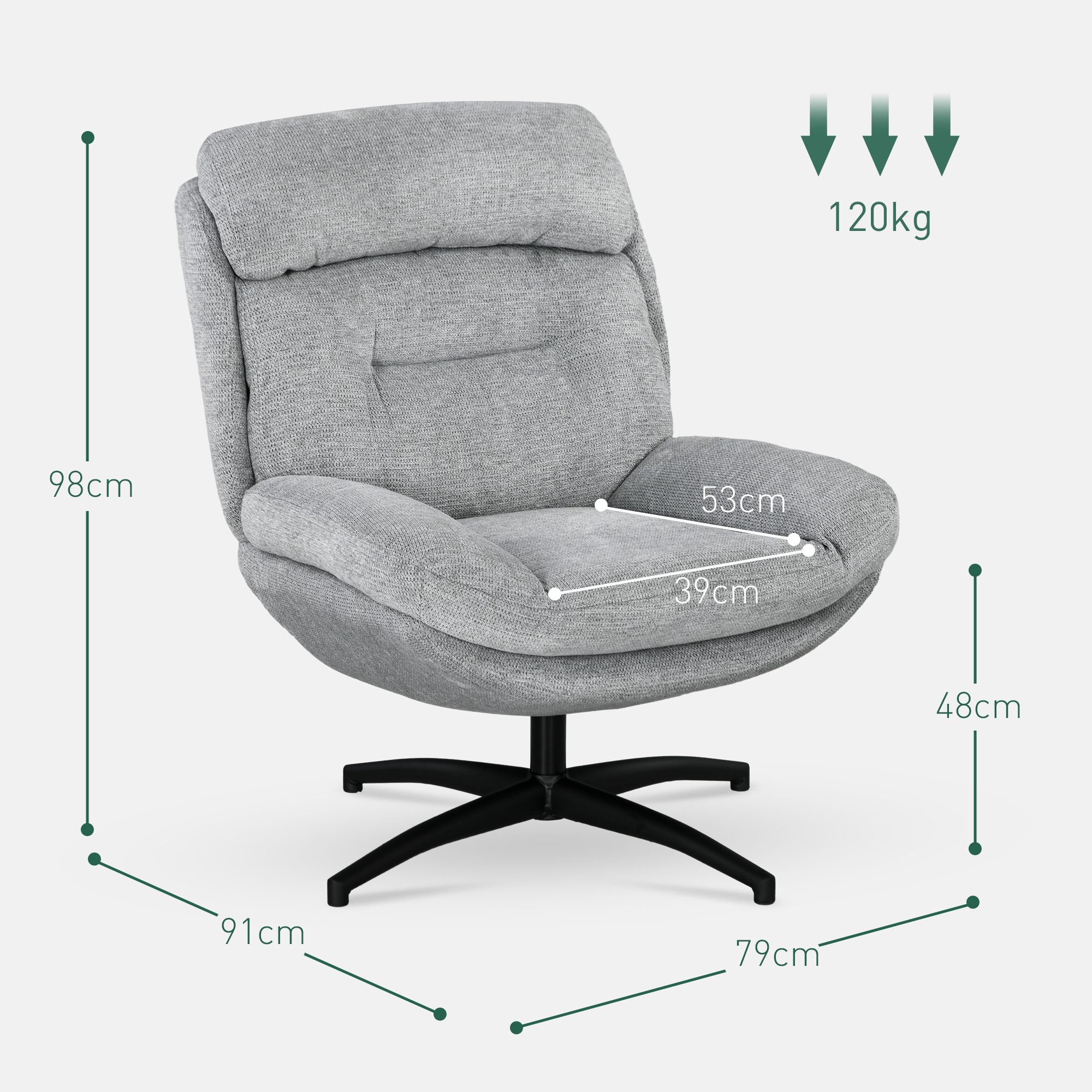 HOMCOM Relaxsessel Drehbar Loungesessel mit Wasserabweisend Chenille-Optik (Polsterstuhl, 1-St., Sessel), für Wohnzimmer, Grau