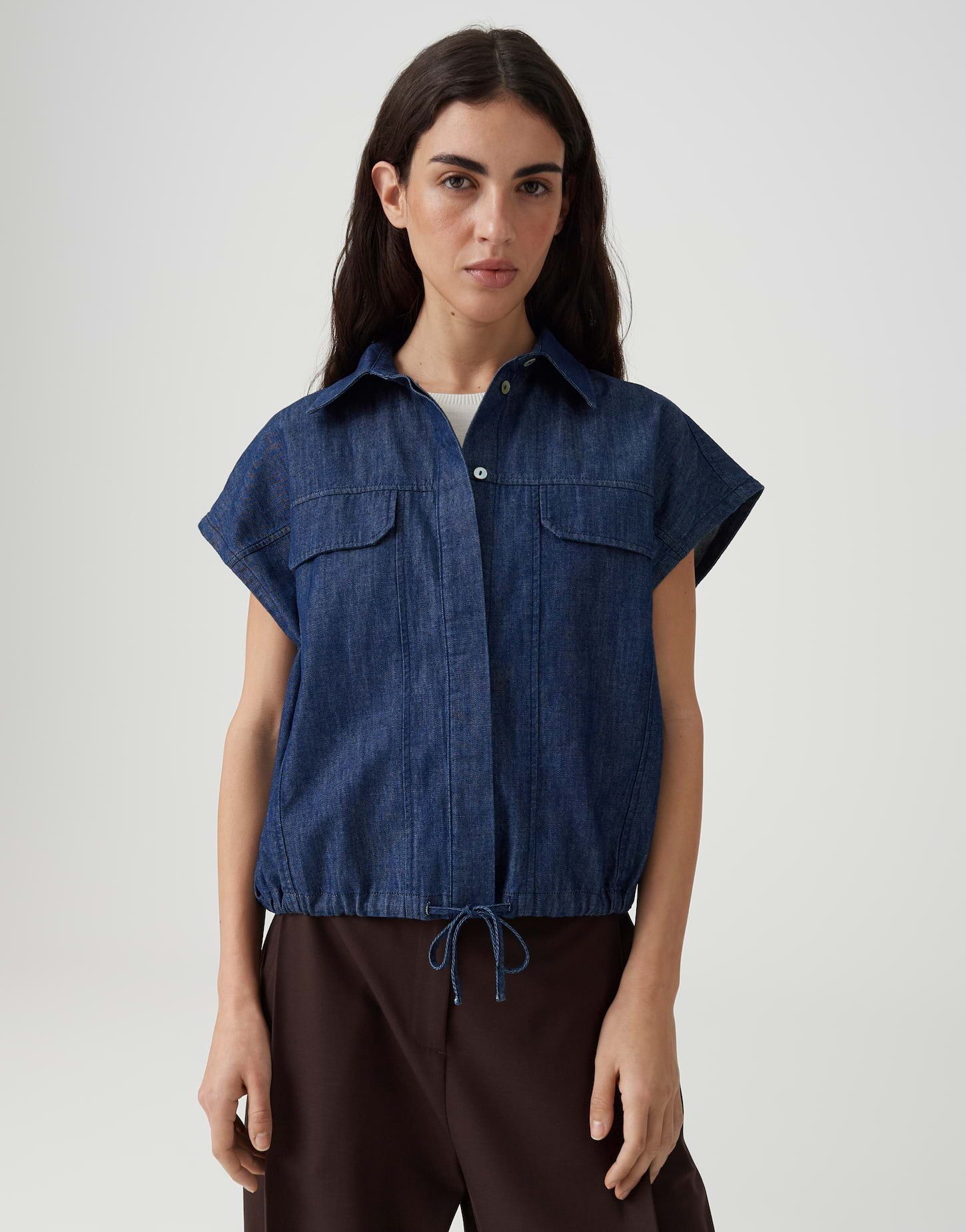 OPUS Kurzarmbluse aus Chambray mit Tunnelzug Utility Details mit modernem Casual Look