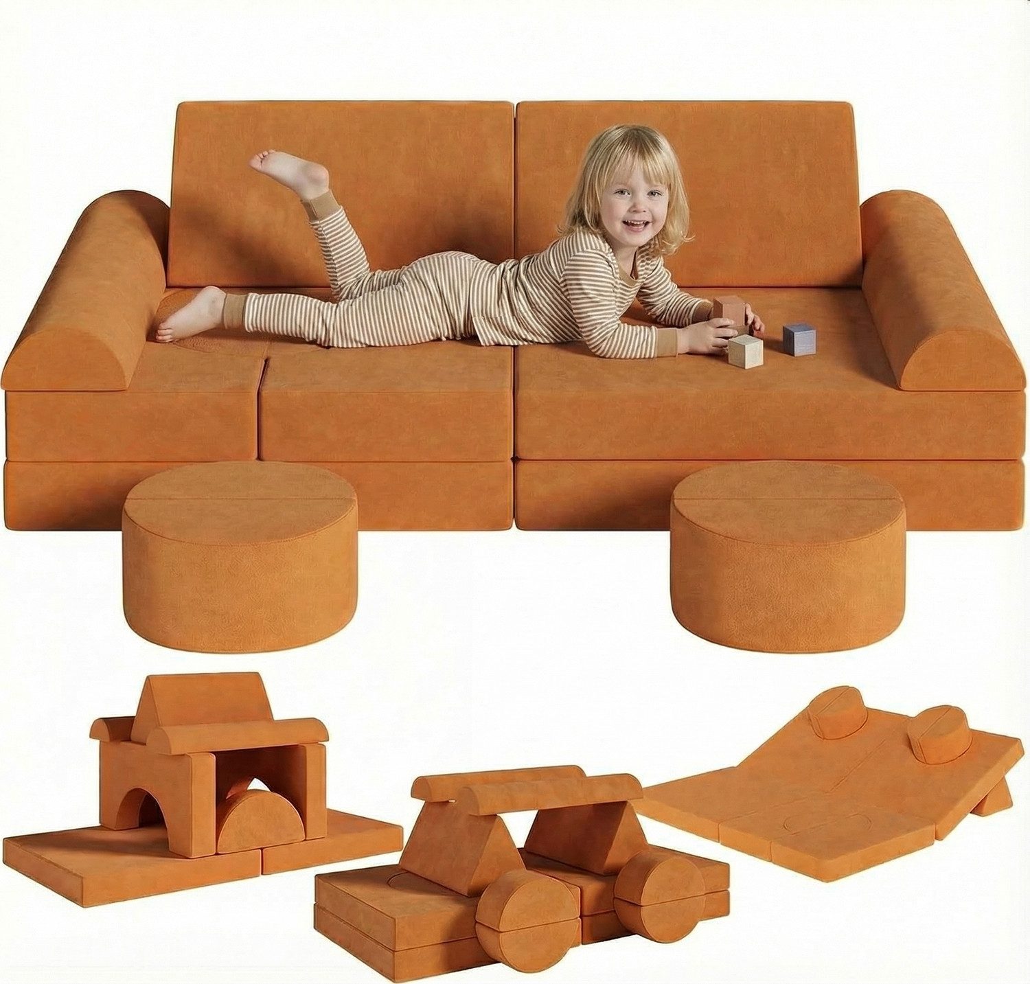 TLGREEN Kindersofa 15-teilig–Spielsofa aus weichem Samt & hochdichtem Schaum, fördert Kreativität, verstellbar als Auto, Burg, Tunnel, maschinenwaschbar