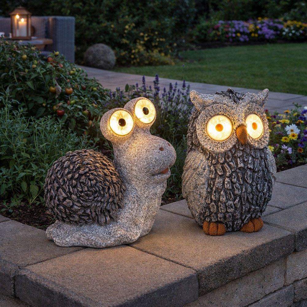 GLOBO LIGHTING LED Dekofigur, LED-Leuchtmittel fest verbaut, Warmweiß, Solar Gartenskulptur für Außen Gartendeko Schnecke Eule
