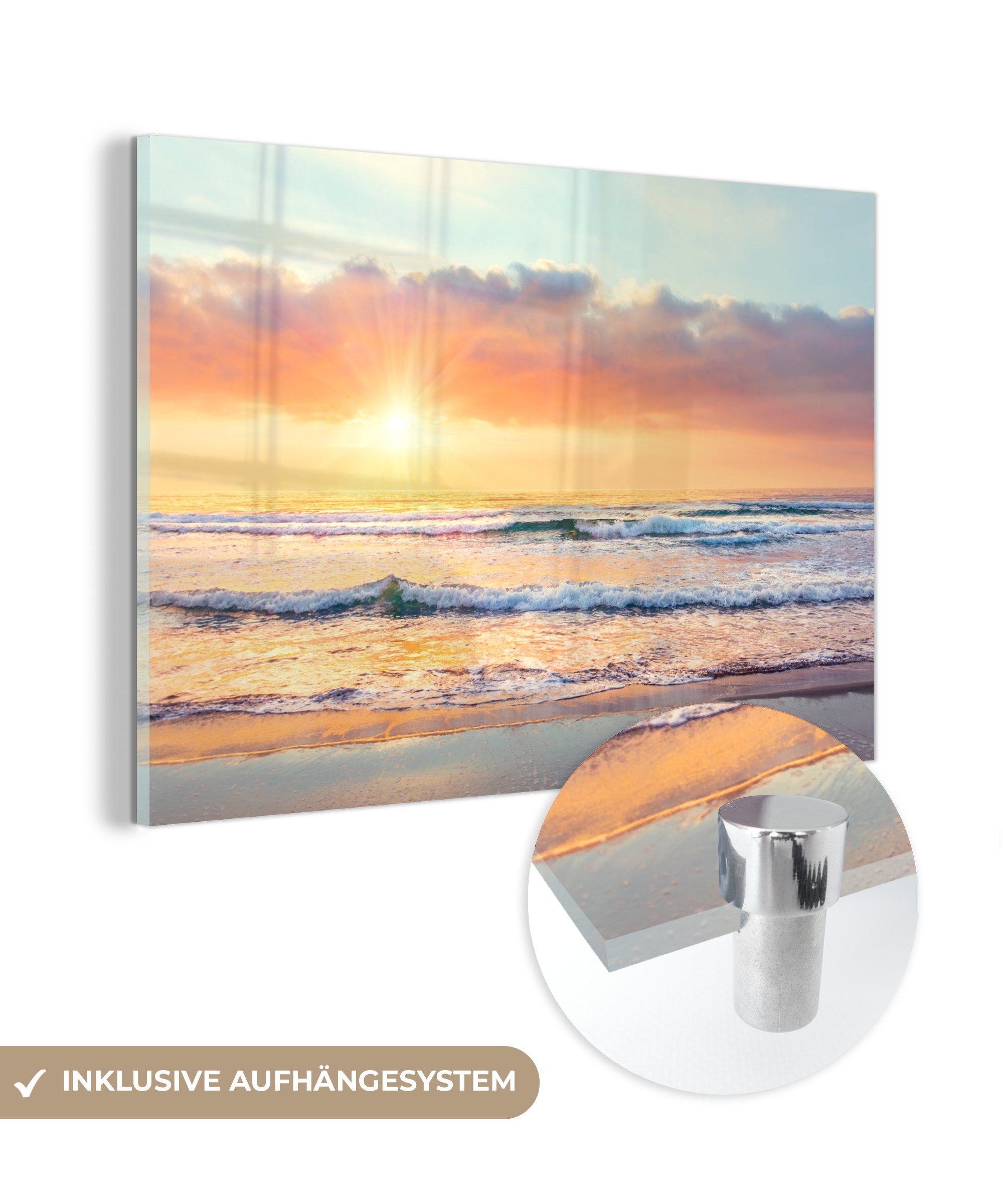 MuchoWow Acrylglasbild Wellen - Sonnenuntergang - Ozean, (1 St), Acrylglasbilder Wohnzimmer & Schlafzimmer