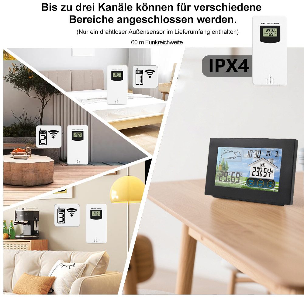 Forrlite, Wetterstation Funk mit Außensensor Wetterstation (mit Wettervorhersage, Innen und Außen Temperatur / Luftfeuchte, Farbdisplay, Wecker mit Schlummerfunktion, für Zuhause Büro Hausgarten)