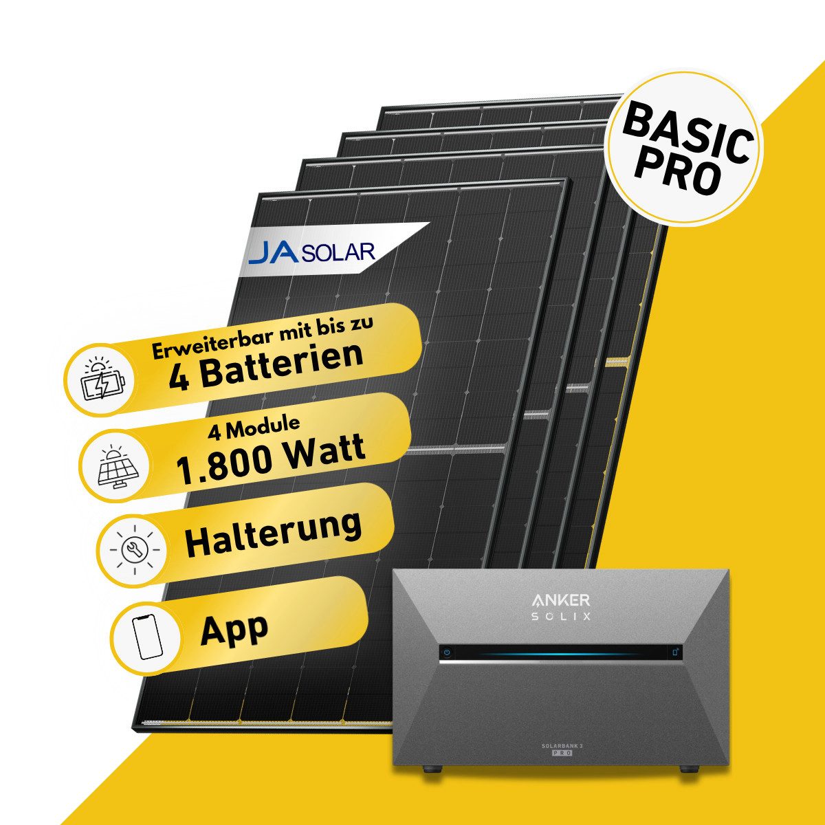 Balkonstrom Balkonkraftwerk Basic Pro 1800W Solaranlage mit Speicher Komplettset Bifazial, 1800 W, Monokristallin, (4x JA Solarmodul á 450 Watt, 1x Anker Solix 3 Pro Solarspeicher E2700, 1-4 Zusatzspeicher BP2700), Halterung für Dach, Fassade, Balkon & Garten, App & Plug&Play DE