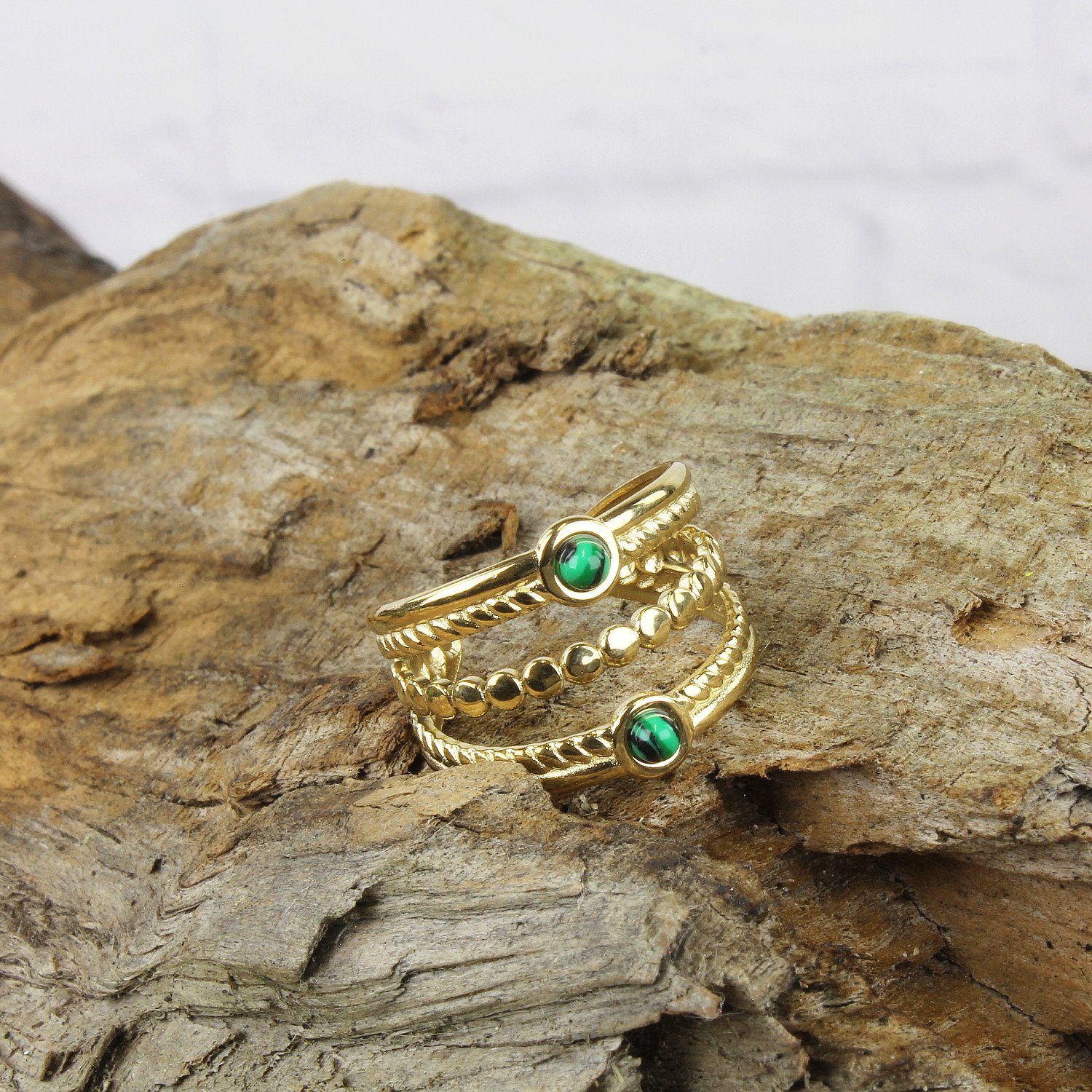 KARMA Fingerring Damenring gold Edelstahl mit türkisen Steinen verstellbar (wasserfest antiallergisch, offener Ring), Ring Damen Goldring Damenschmuck – Bild 4 von 5