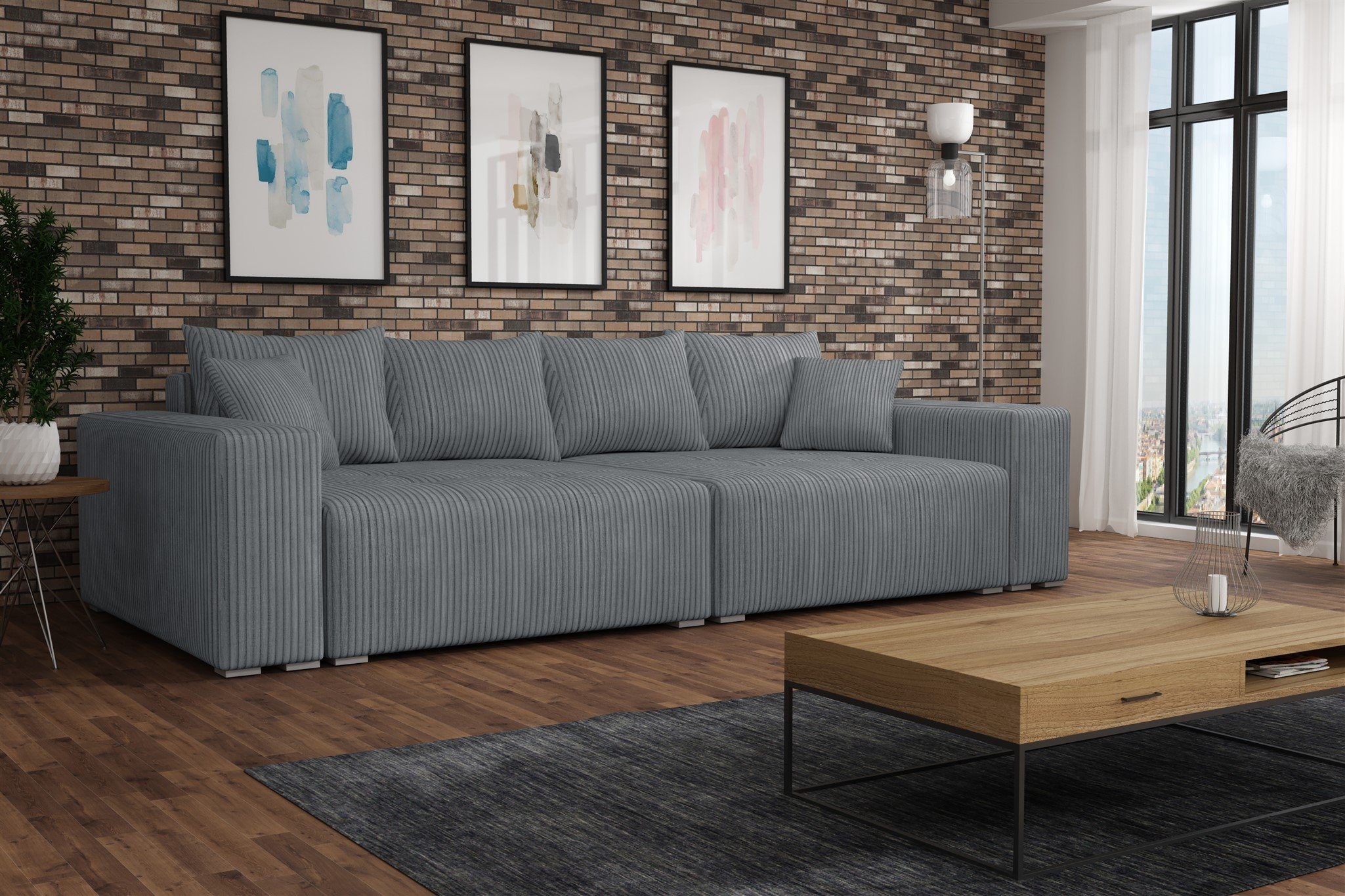 inkl. in Zierkissen Fun Couchgarnitur Rückenkissen Big-Sofa Möbel Dunkelgrau Poso mit mit Stoff Schlaffunktion, und Bettkasten, REGGIO Megasofa