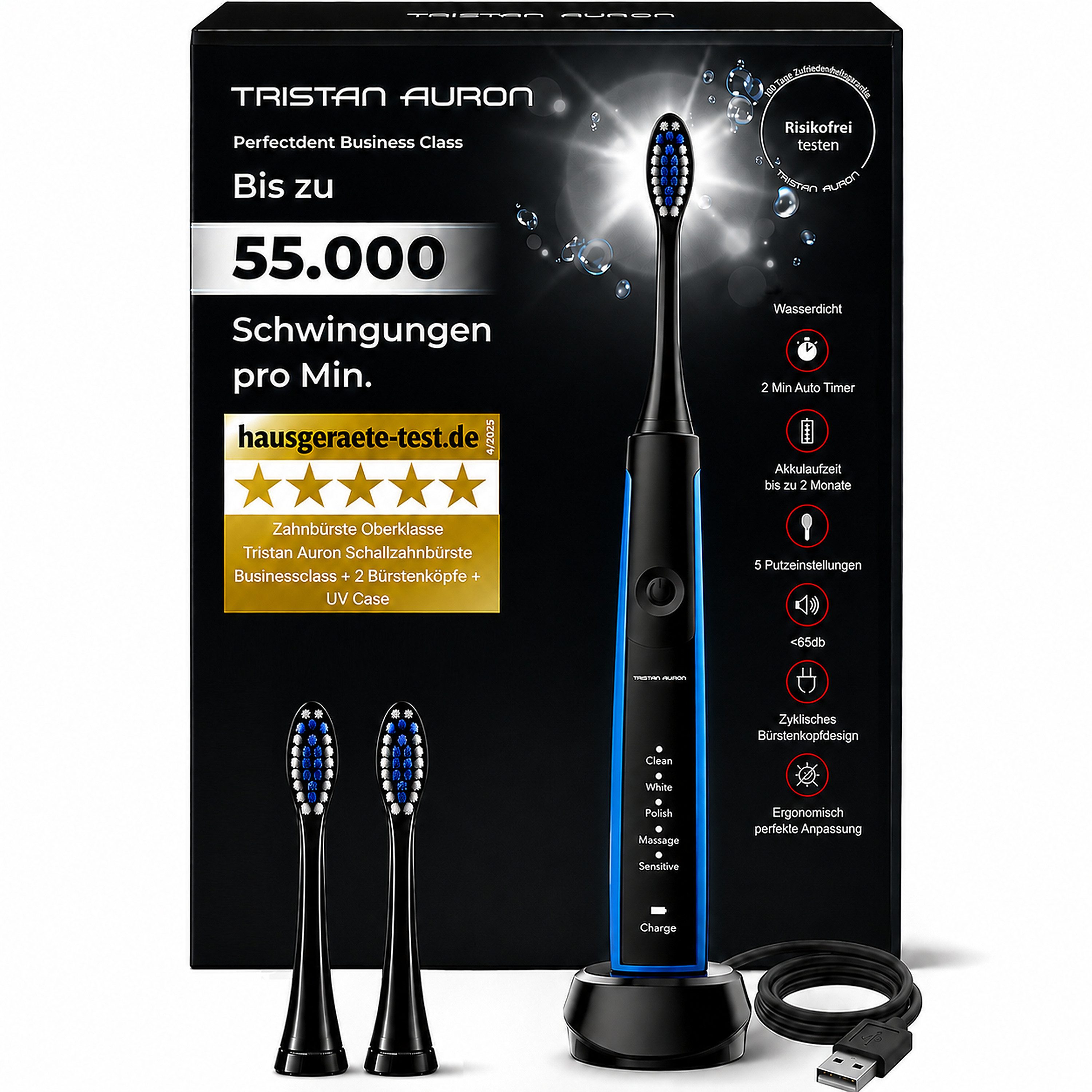 Tristan Auron Schallzahnbürste Elektrische Zahnbürste-55 000 VPM-5 Modi-2 Minuten Timer-Reiseetui, Aufsteckbürsten: 6 St., 2 Min. Timer, 60 Tage Akku, Ladestation, 5 Modi, ergonomisch angepasst