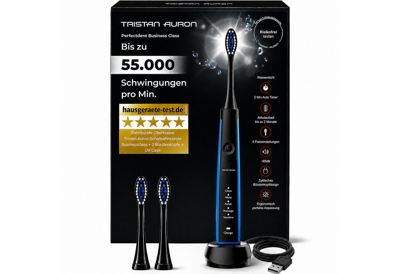 Tristan Auron Schallzahnbürste Elektrische Zahnbürste-55 000 VPM-5 Modi-2 Minuten Timer-Reiseetui, Aufsteckbürsten: 6 St., 2 Min. Timer, 60 Tage Akku, Ladestation, 5 Modi, ergonomisch angepasst