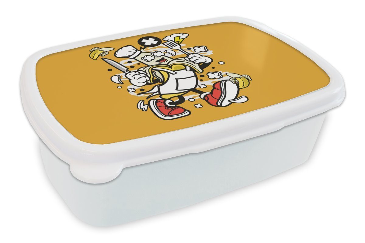 MuchoWow Lunchbox Vintage - Banane - Schürze, Kunststoff, (2-tlg), Brotbox für Kinder und Erwachsene, Brotdose, für Jungs und Mädchen weiß