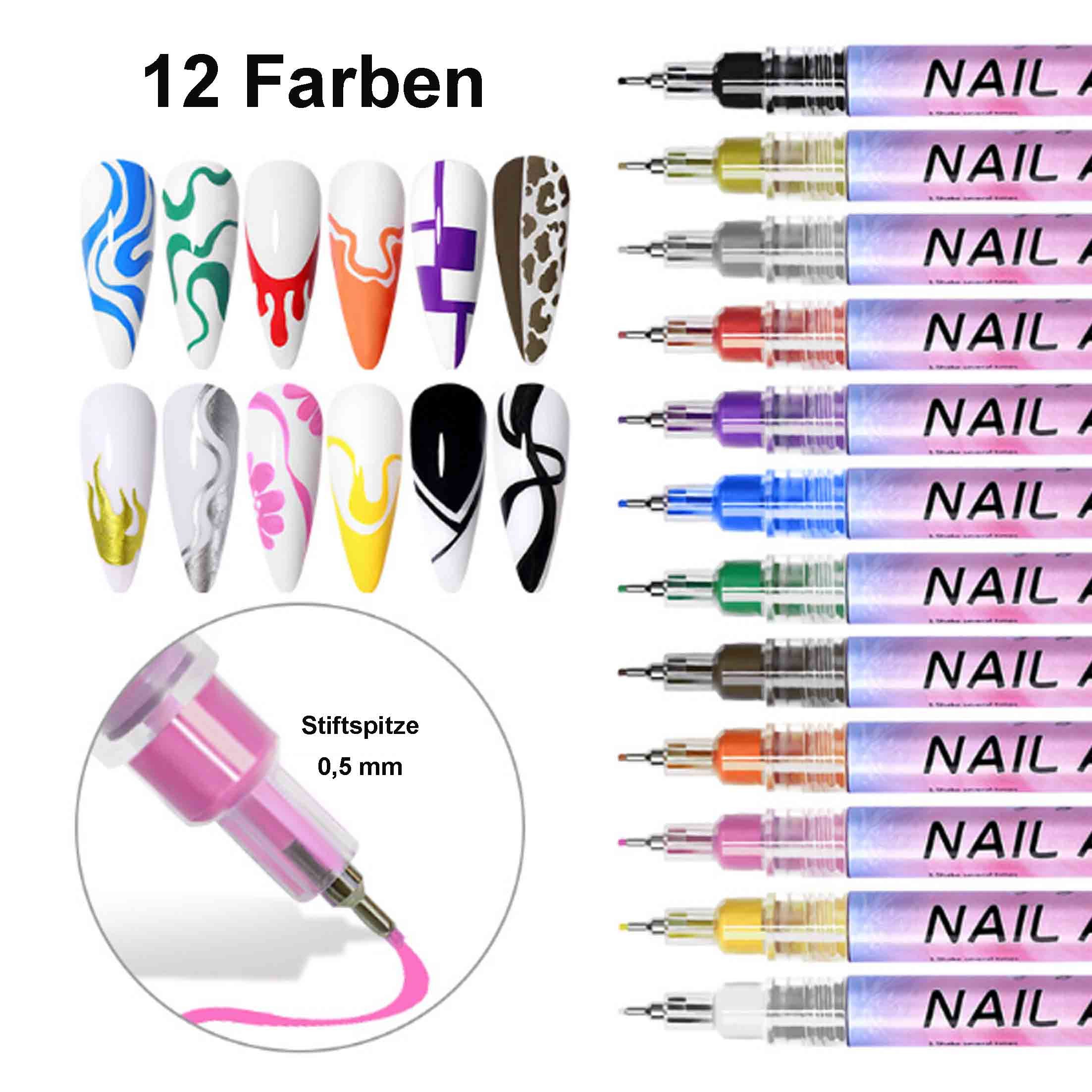 KINSI Nageldesign Zubehör 12 Farben Nail Art Stift Set, Punkt- & Linienstift, DIY Nagelkunst, 12-tlg., Acrylfarbe Nailart-Stifte-Set für Zuhause und Den Salon N – Bild 2 von 5
