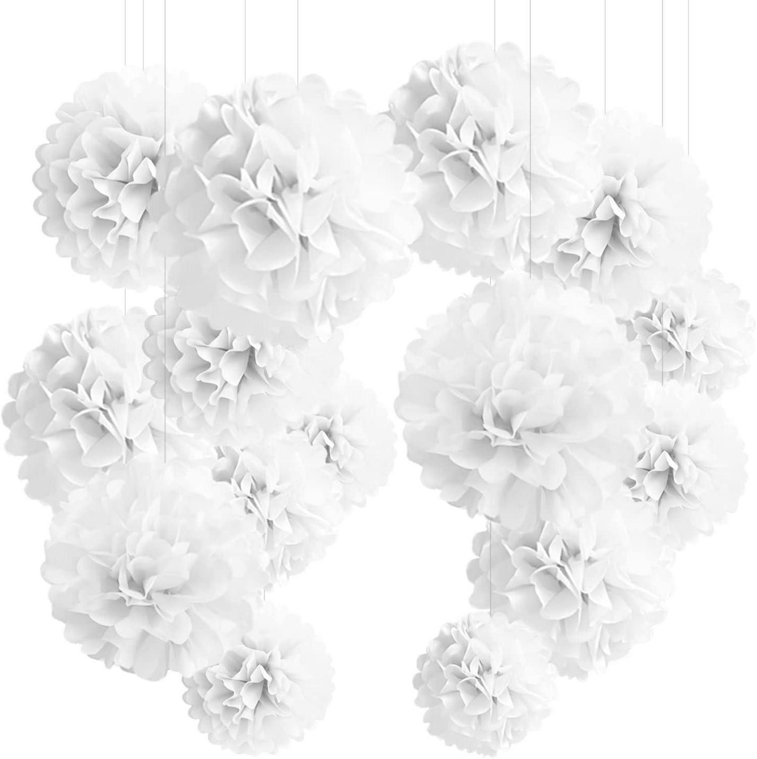 Hängedekoration 24er Pompons Deko Weiß Hochzeitsdeko Einschulung Taufe Konfirmation