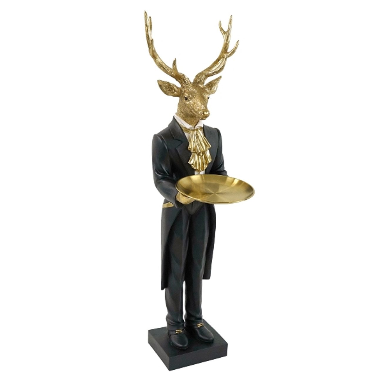 Macosa Home Dekofigur XXL Deko Hirsch stehend mit Tablett 99 cm Schwarz Gold (Dekoration Aufbewahrung groß, Hirschdekoration modern Winterdekoration), Polyresin Dekohirsch