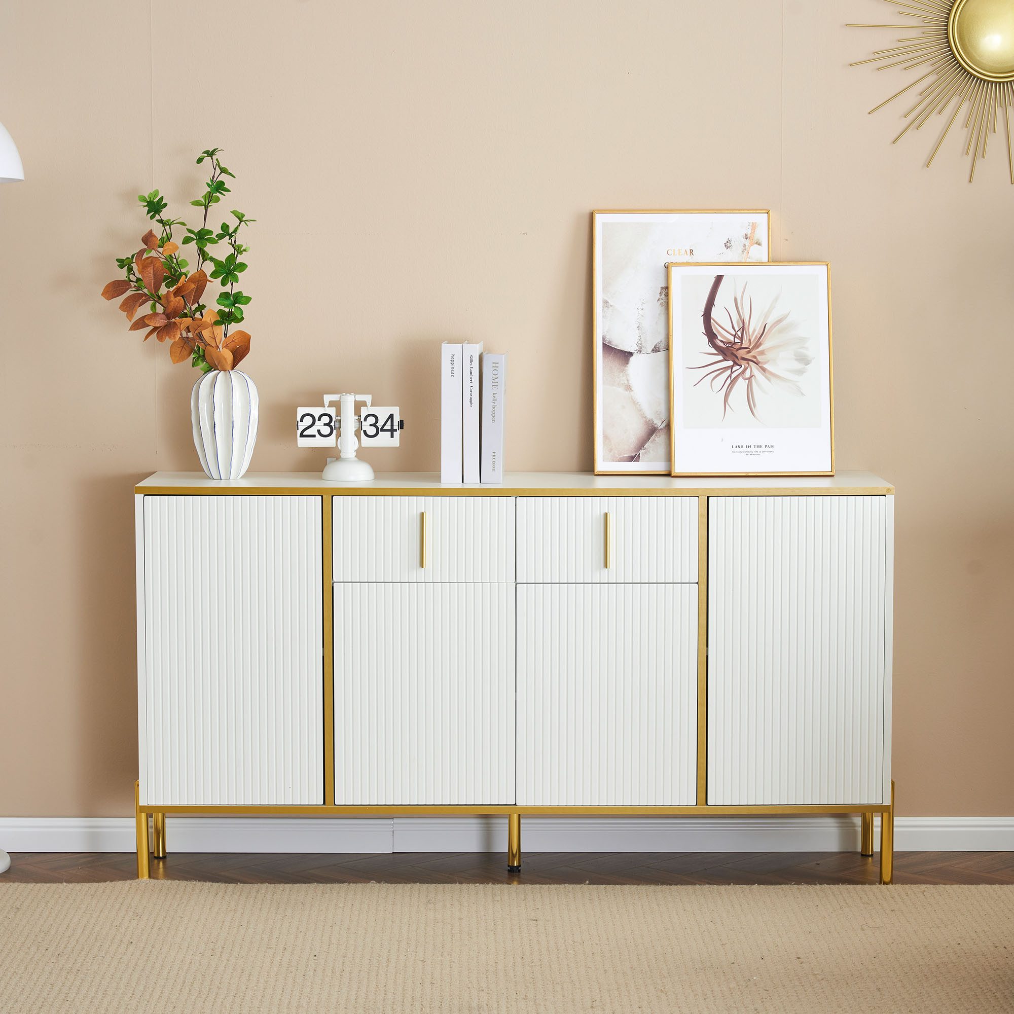 MODFU Sideboard Eckschrank Kommode (2 Schubladen, 4 Türen), mit Goldverzierung,mit verstellbaren Trennwänden,140*35*76cm