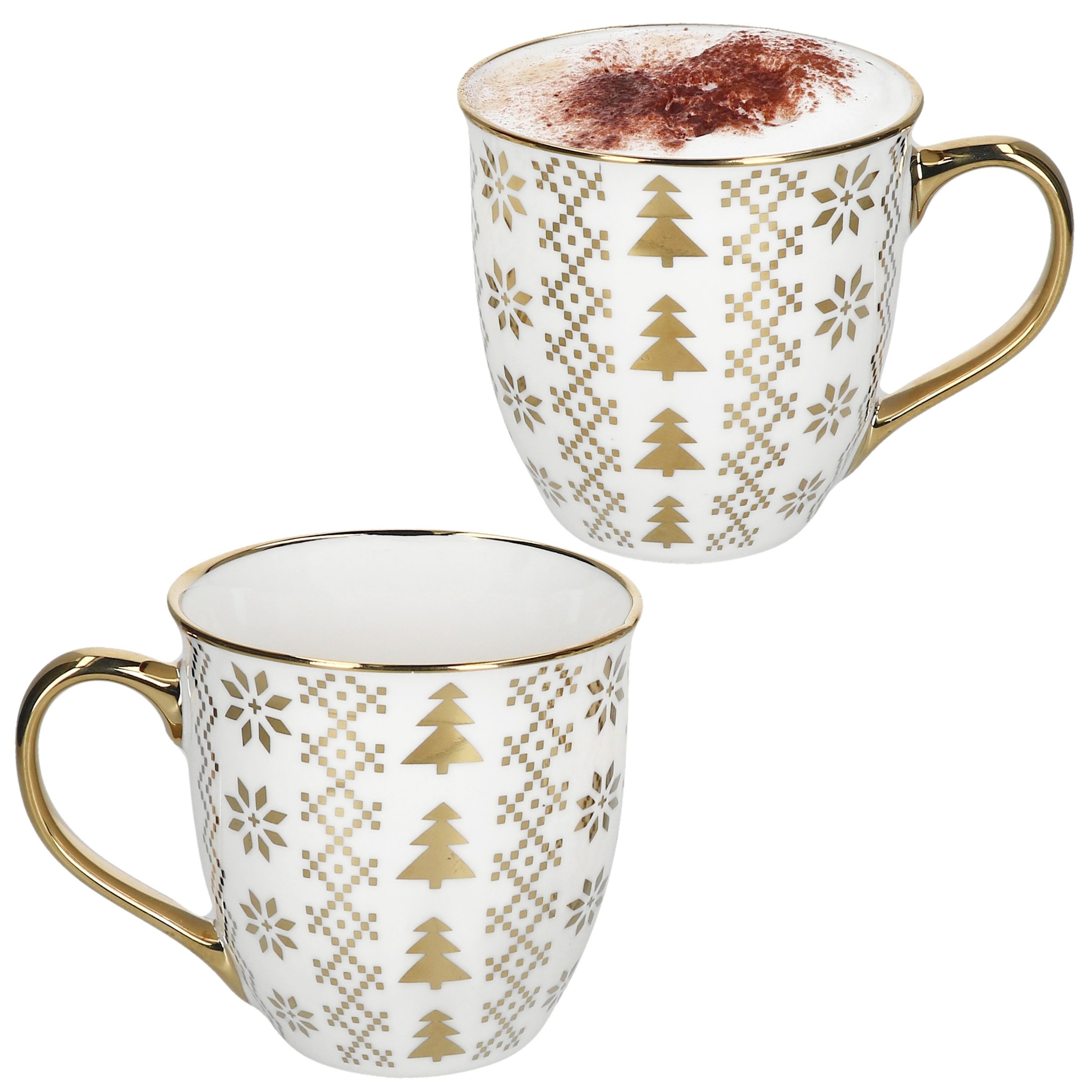MamboCat Becher MamboCat 2er Set Jumbobecher Tanne Goldrand Tee-Becher Kaffee, Porzellan