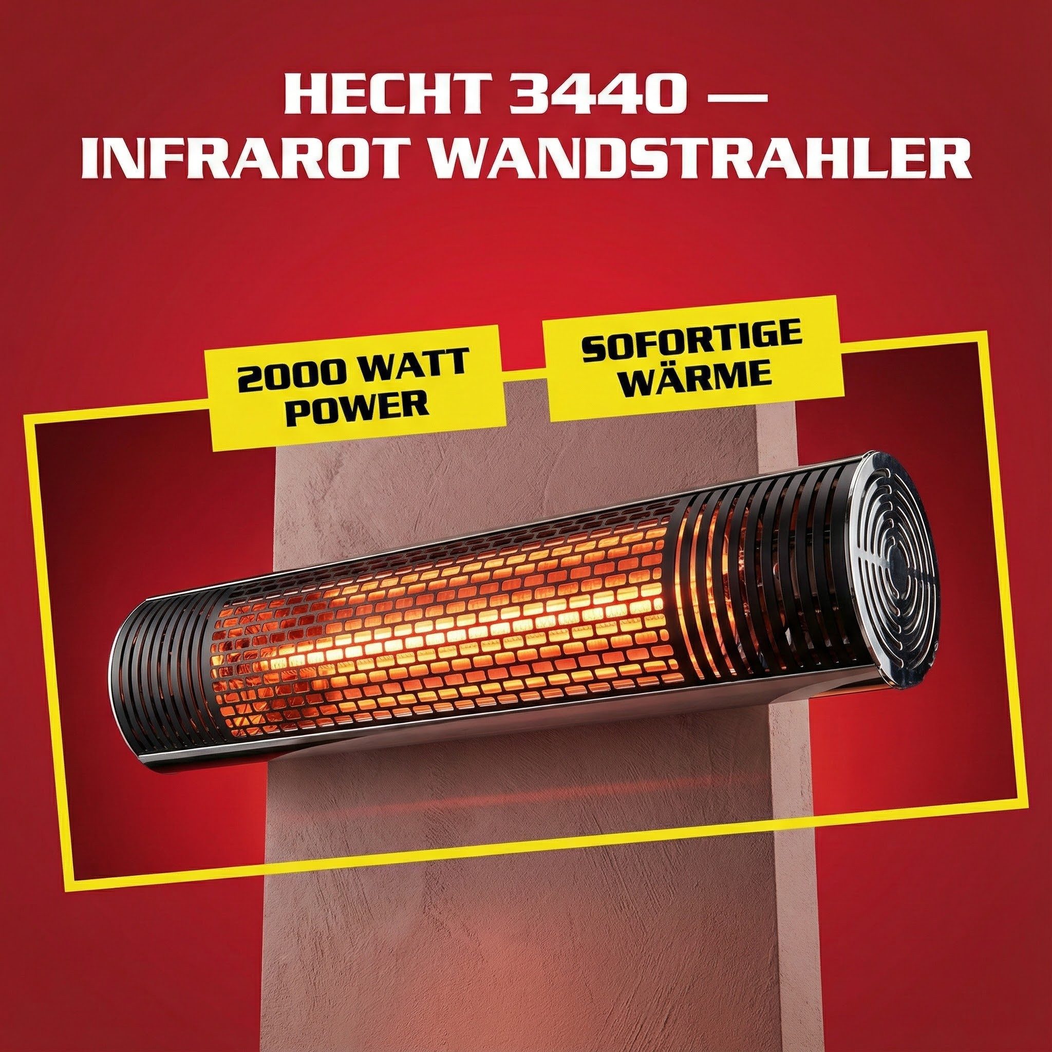 Hecht Heizstrahler Infrarot mit Fernbedienung, Aufhängungsmaterial, 16-26 m³, 2000W, Timerfunktion, 220 - 240 V / 50 Hz