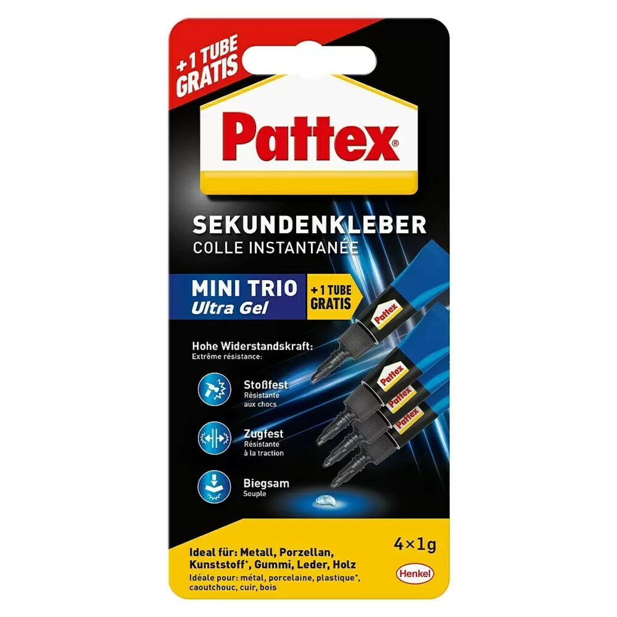 Pattex Sekundenkleber Mini Trio Ultra Gel 4x 1 g Gelkleber transparent, (4-tlg)