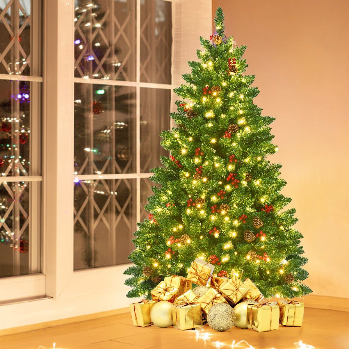 COSTWAY Künstlicher Weihnachtsbaum, mit 300 LEDs, 516 PVC Nadeln, Ständer