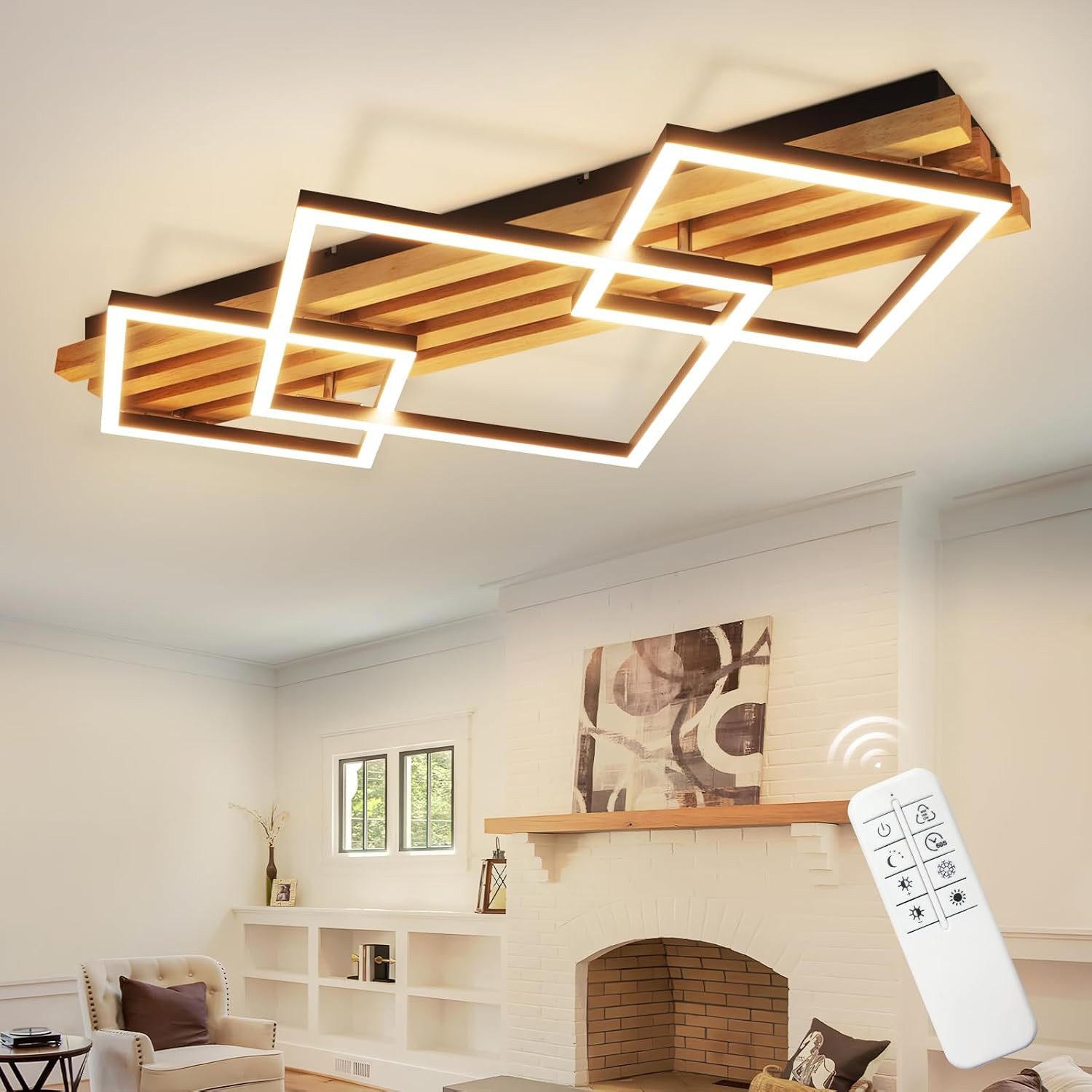 Nettlife LED Deckenleuchte Dimmbar Holz 2/3/4 Ringe Modern Deckenlampe Wohnzimmer, LED fest integriert, 46W 71.6*41.6*8.8CM für Schlafzimmer Büro Küche