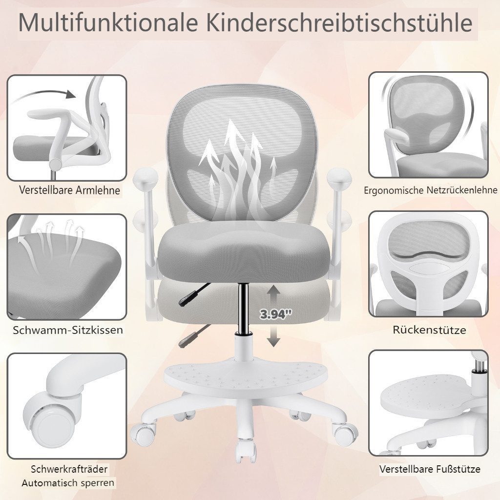 Insma Drehstuhl Kinder Schreibtischstuhl ergonomisch höhenverstellbar (mit klappbaren Armlehnen, Fußstütze und 5 feststellbarer Rollen), von 3-12 Jahre, Maximale Tragfähigkeit 158kg