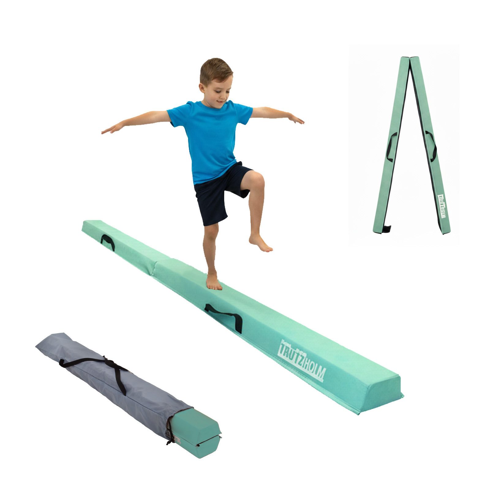 TRUTZHOLM Balanceboard Schwebebalken 240 cm Turnbalken inkl. Tragetasche Balancieren Mintgrün, klappbar, tragbar, bodennah, kombinierbar
