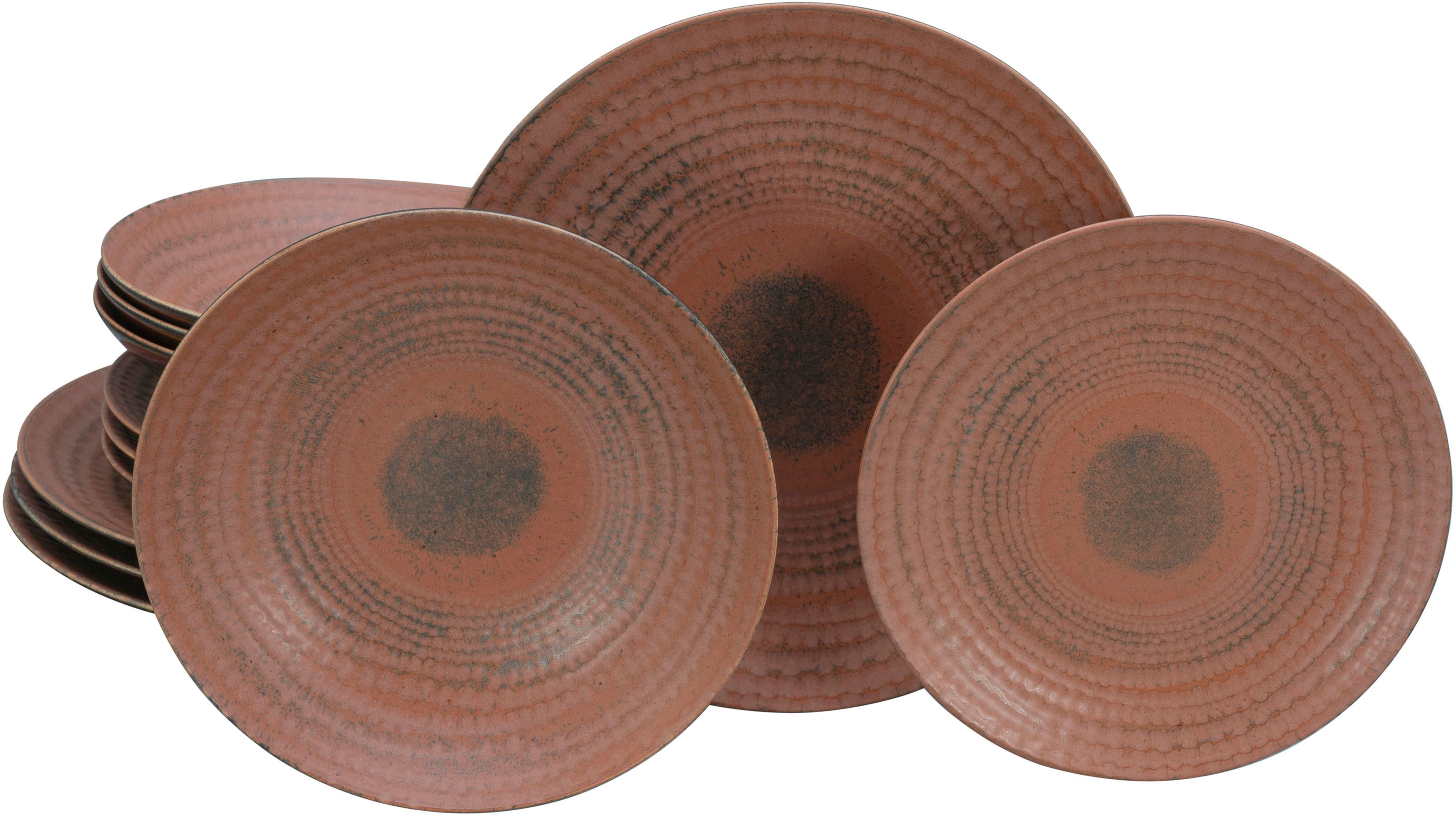 CreaTable Teller-Set Neapel, Service 12-tlg. (12-tlg), 4 Personen, Steinzeug, Teller Set, Edles Tellerset, Vulkanoptik