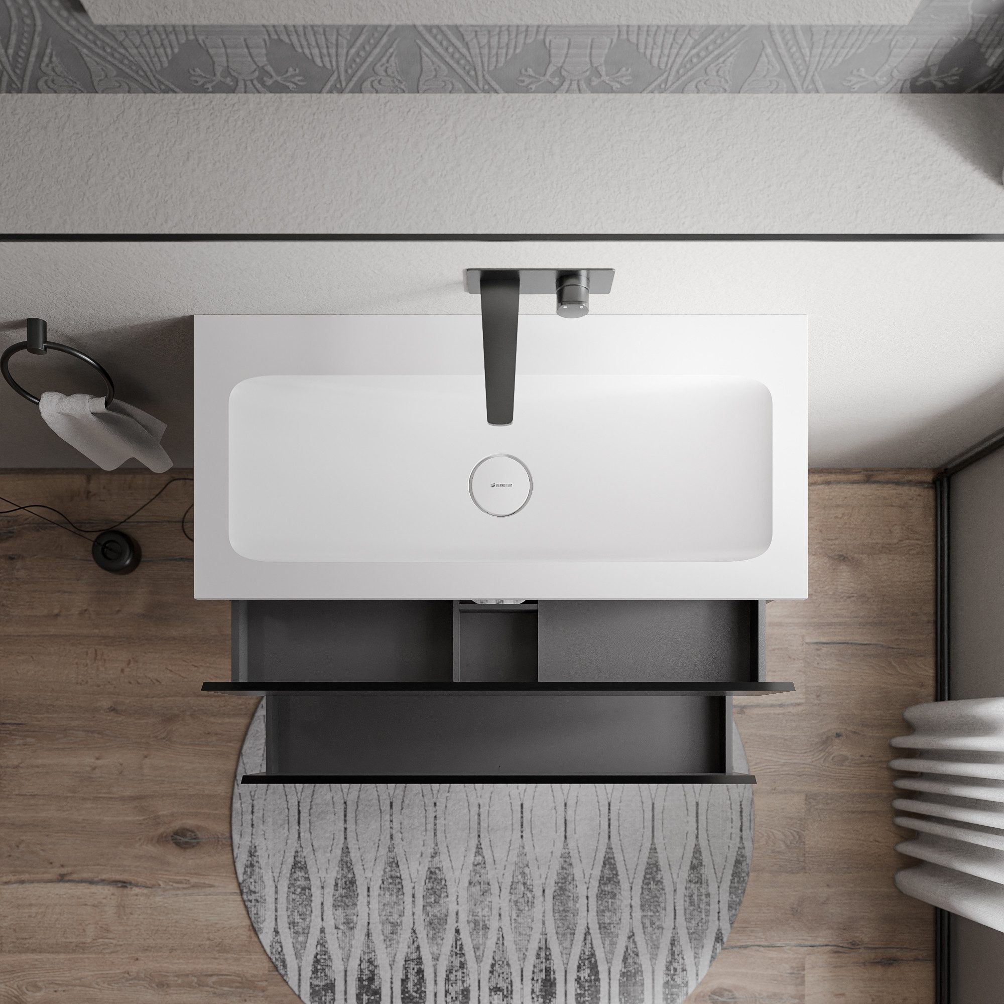 Bernstein Waschbeckenunterschrank AVA Schwarz matt 100cm Waschbecken Weiß matt ohne Hahnloch Waschtischunterschrank mit Mineralguss-Waschbecken 2 Schubladen