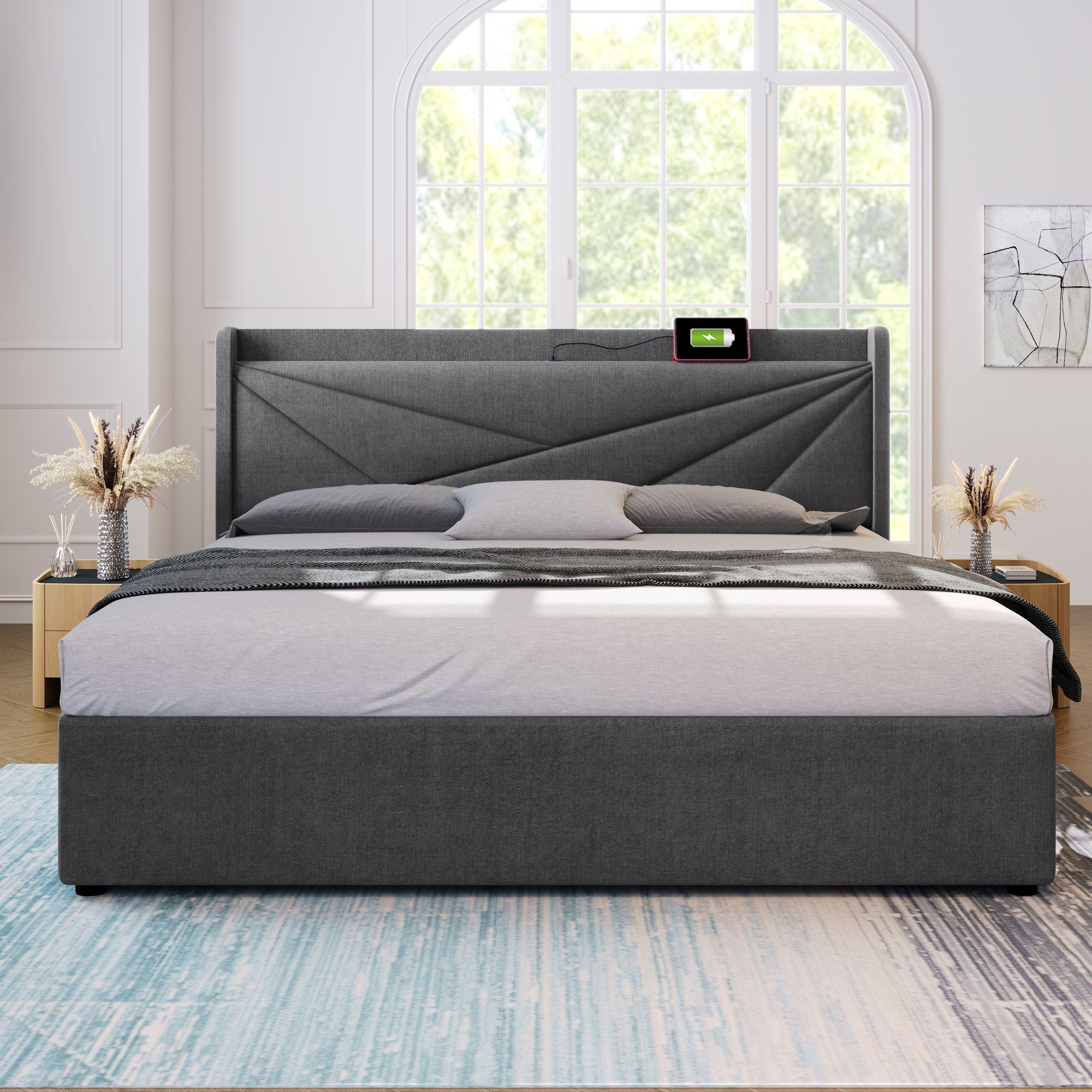 Polsterbett (Funktionsbett mit Lattenrost und Matratze), Stauraumbett 160x200cm mit USB Typ C Ladefunktion Kopfteil, Leinen