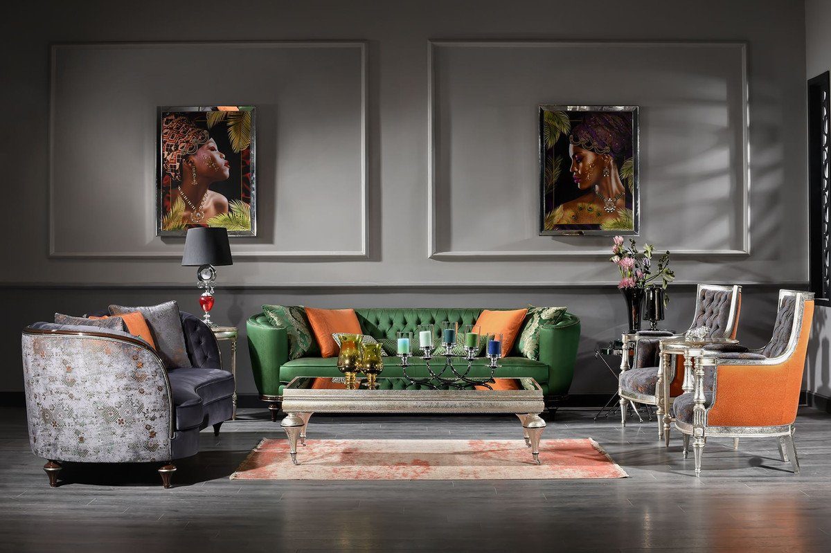 Barock Barock Couchtisch - Silber - Luxus Schwarz Möbel mit Glasplatte Casa Padrino / Couchtisch Wohnzimmertisch Prunkvoller Massivholz