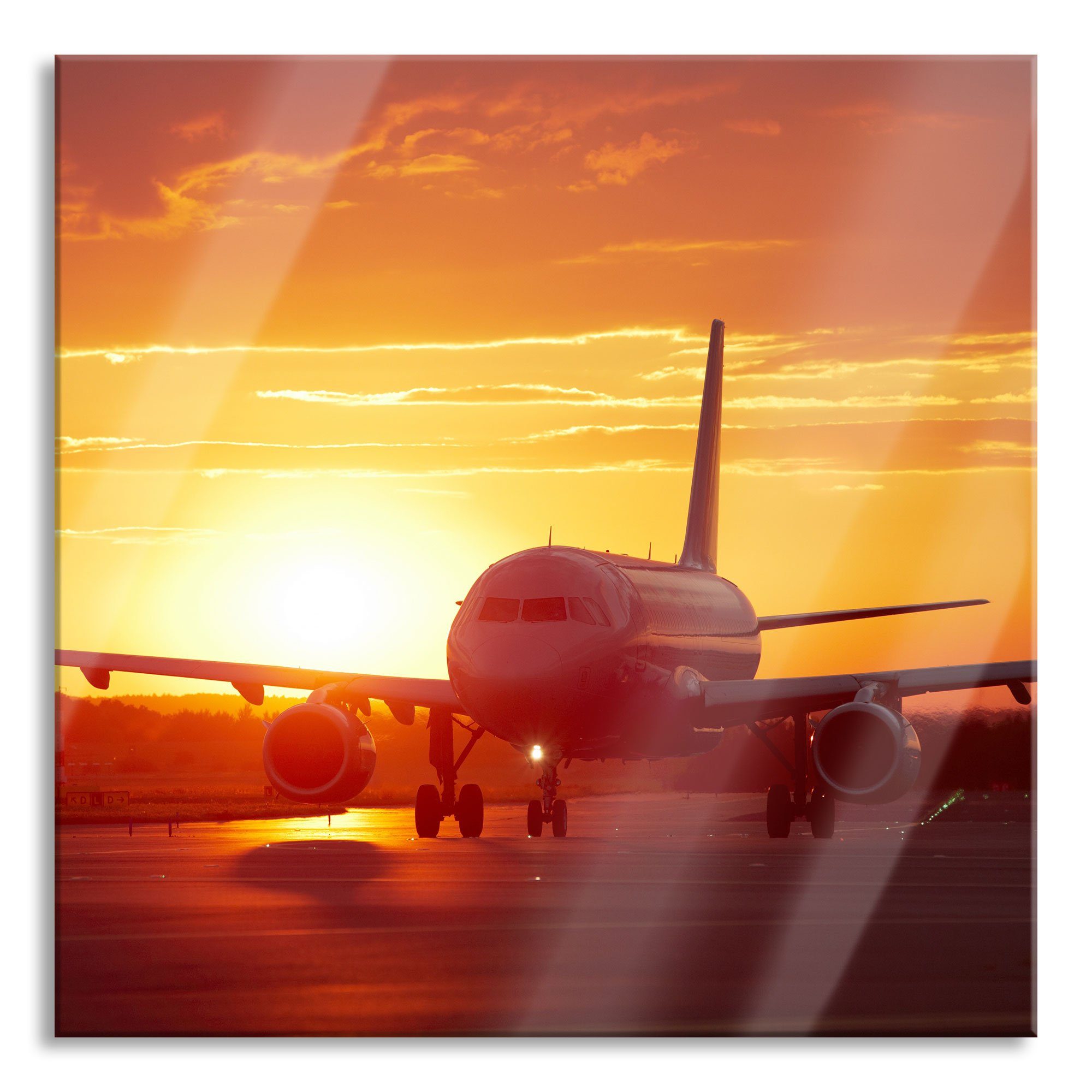 und Pixxprint Flugzeug Abstandshalter Glasbild Glasbild inkl. aus Aufhängungen St), Echtglas, im im Flugzeug Sonnenuntergang, (1 Sonnenuntergang