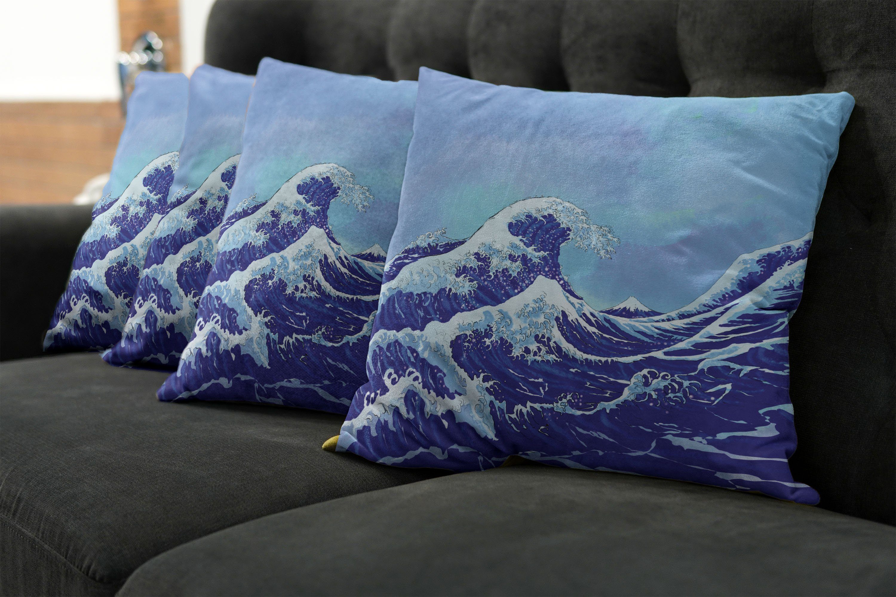 Digitaldruck, Accent Blau (4 Modern Doppelseitiger Abakuhaus Natur Meer Stück), Kissenbezüge Tsunami Big