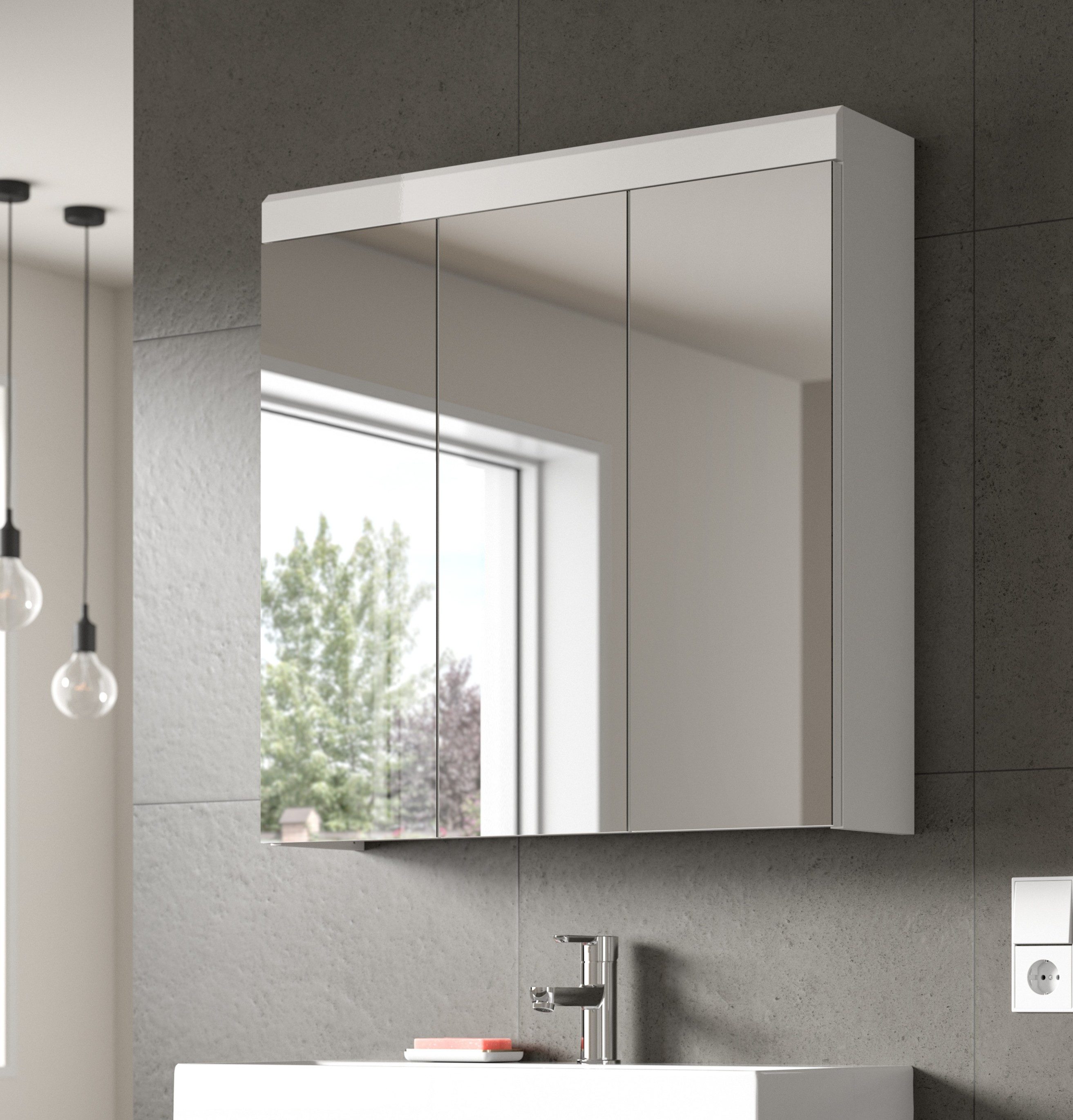 welltime Badezimmerspiegelschrank SIENA, Breite 80 cm, 3 Spiegeltür, 6 Einlegeböden, 9 Fächer (TOPSELLER!, Türanschlag der mitteleren Tür wechselbar) Badmöbel, Badschrank, Schrank, Bad, Spiegel, Hängespiegel, Badspiegel