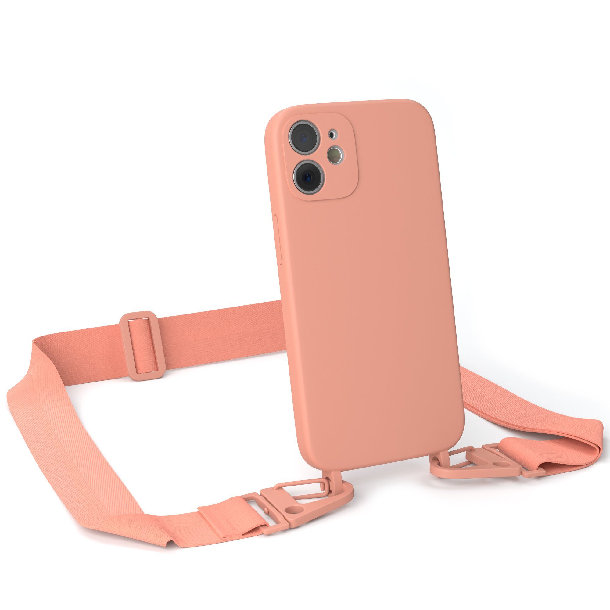 EAZY CASE Handykette Karabiner Breitband für Apple iPhone 12 Mini 5,4 Zoll, Silicon Handyhülle mit breiter Kette Carabiner Necklace Altrosa Coral