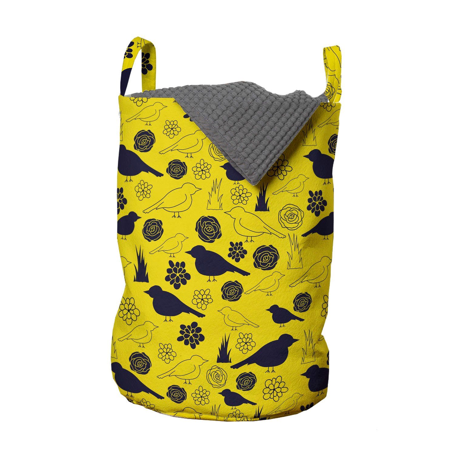 Abakuhaus Wäschesäckchen Wäschekorb mit Griffen Kordelzugverschluss für Waschsalons, Gelber Vogel Vogel- und Blütenblätter | Wäschesäcke