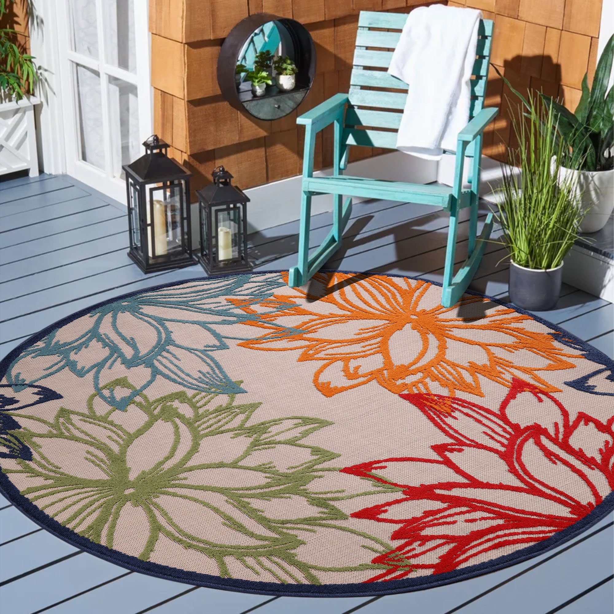 Teppich multi Sanat, mm, 2, Floral Terasse rund, geeignet, Höhe: florales Balkon, Design, 6 Outdoor In- und