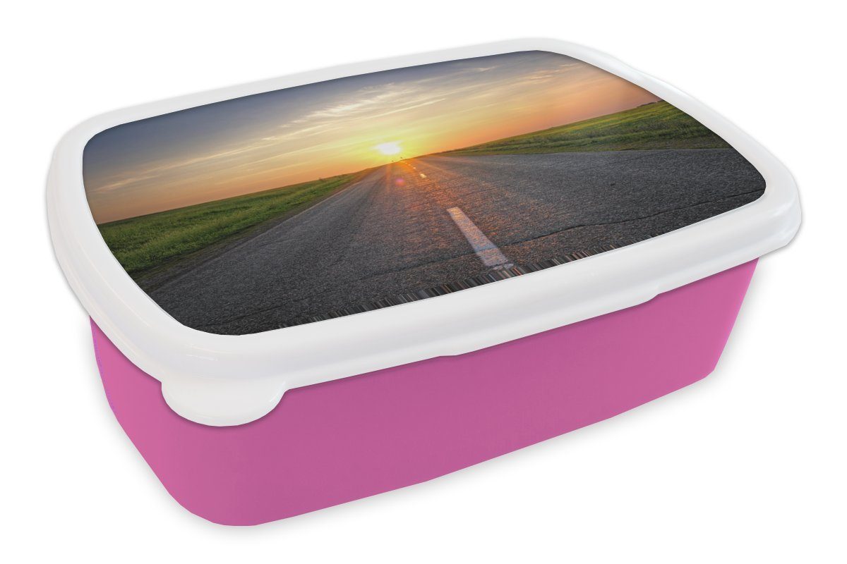 MuchoWow Lunchbox Brotbox Erwachsene, Mädchen, der für Brotdose Kinder, Straße, Kunststoff, Sonnenaufgang Snackbox, (2-tlg), rosa über Kunststoff